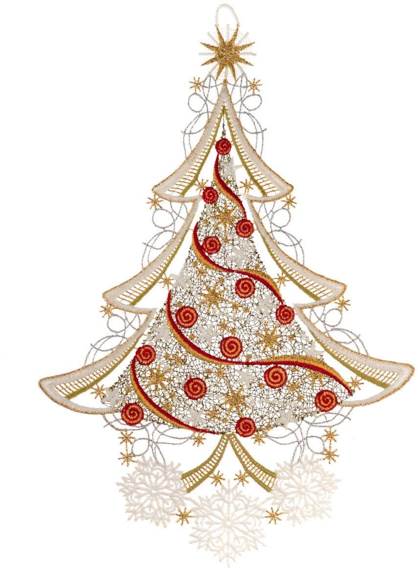 Fensterbild "Weihnachtsbaum" Gr. 1, gold (goldfarben, grün, rot), B:24cm H:37cm, Polyester, W. REUTER & SOHN - PLAUENER SPITZE, Fensterbilder, Made