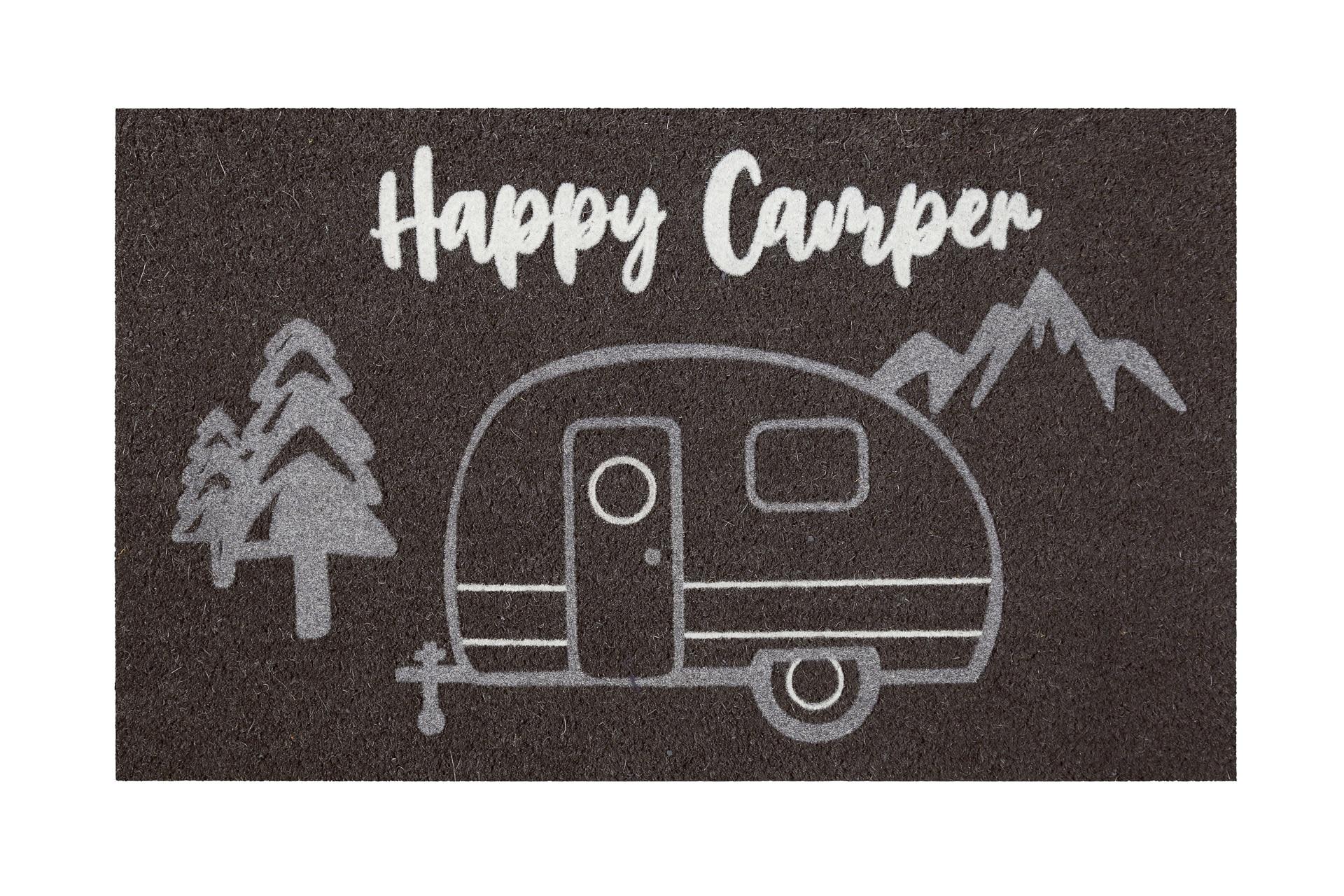 Fußmatte WECON HOME "Happy Camper", grau (anthrazit,weiß), B:40cm H:18mm L:60cm, Kokos, Teppiche, Fußmatte, rutschfest, robust, innen,