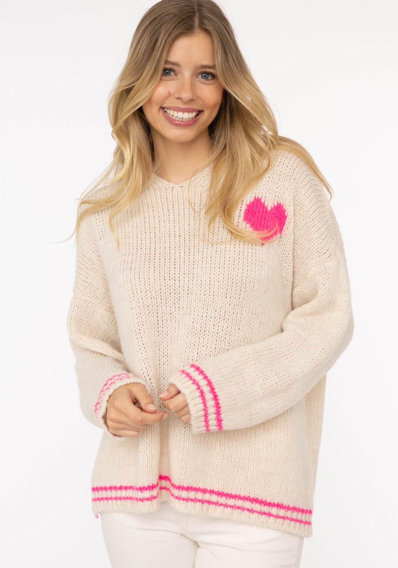 Kapuzenpullover ZWILLINGSHERZ "Herz", Damen, beige (hellbeige), Strick, Obermaterial: 60% Polyamid, 24% Polyester, 8% Wolle, 8% Viskose, unifarben mit