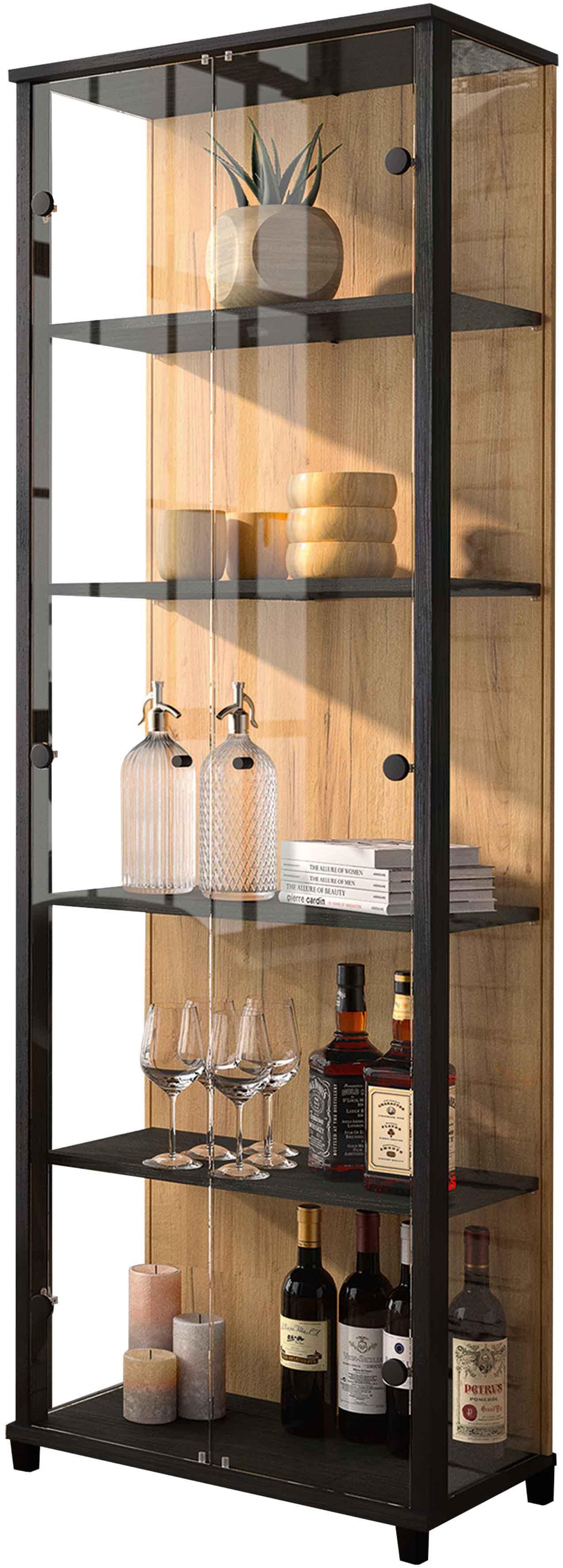 Vitrine FIF MÖBEL "OPTIMA", schwarz (schwarz, wildeiche), B:57,5cm H:172cm T:32cm, Holzwerkstoff, Sicherheitsglas ESG, Schränke, Vitrine,