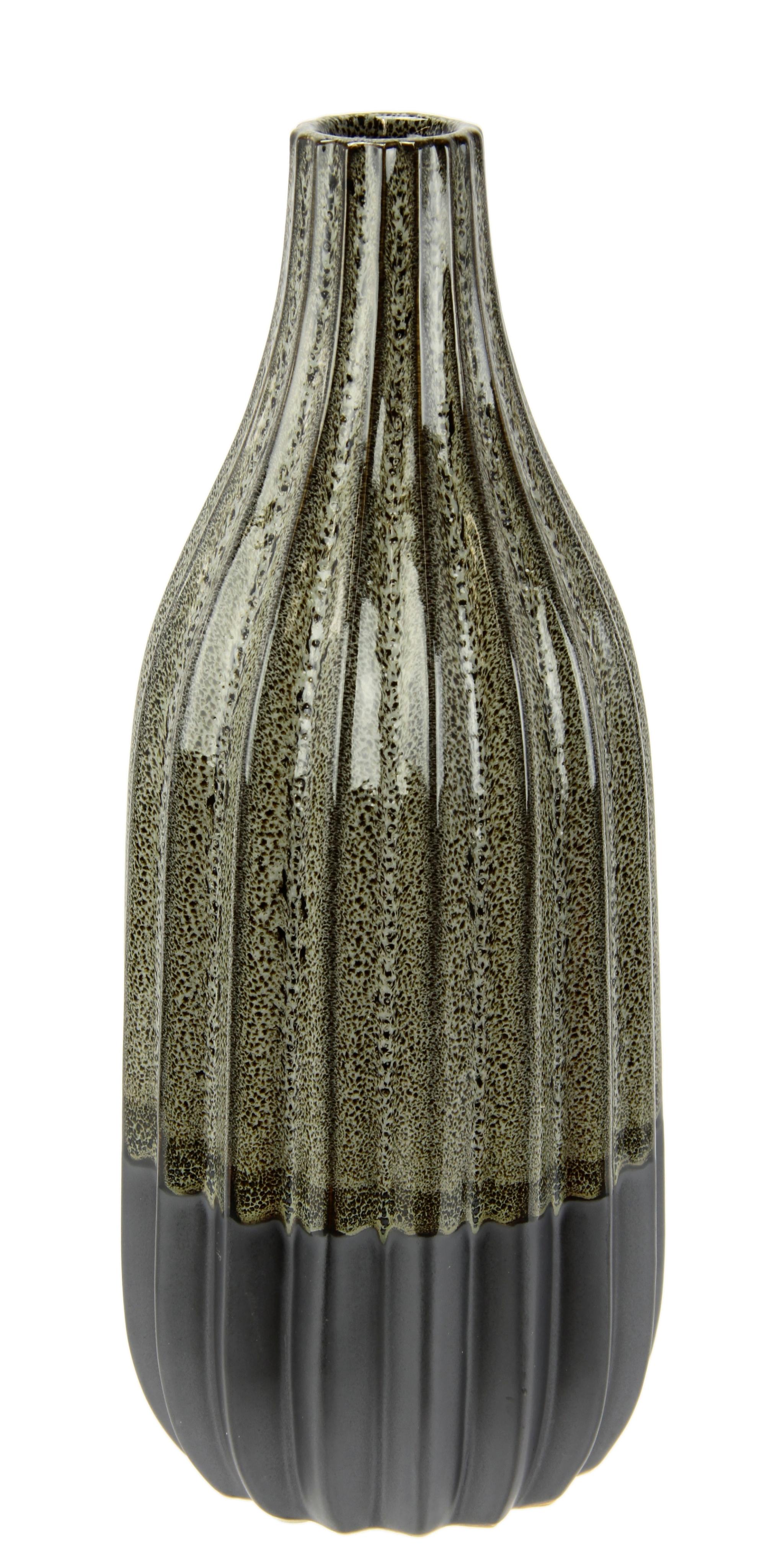Dekovase I.GE.A. "Vase aus Keramik, geriffelt, bauchig, matt glänzend", grau, B:12cm H:30cm, Keramik, Vasen, Flaschenform, Blumenvase, Tischdeko,