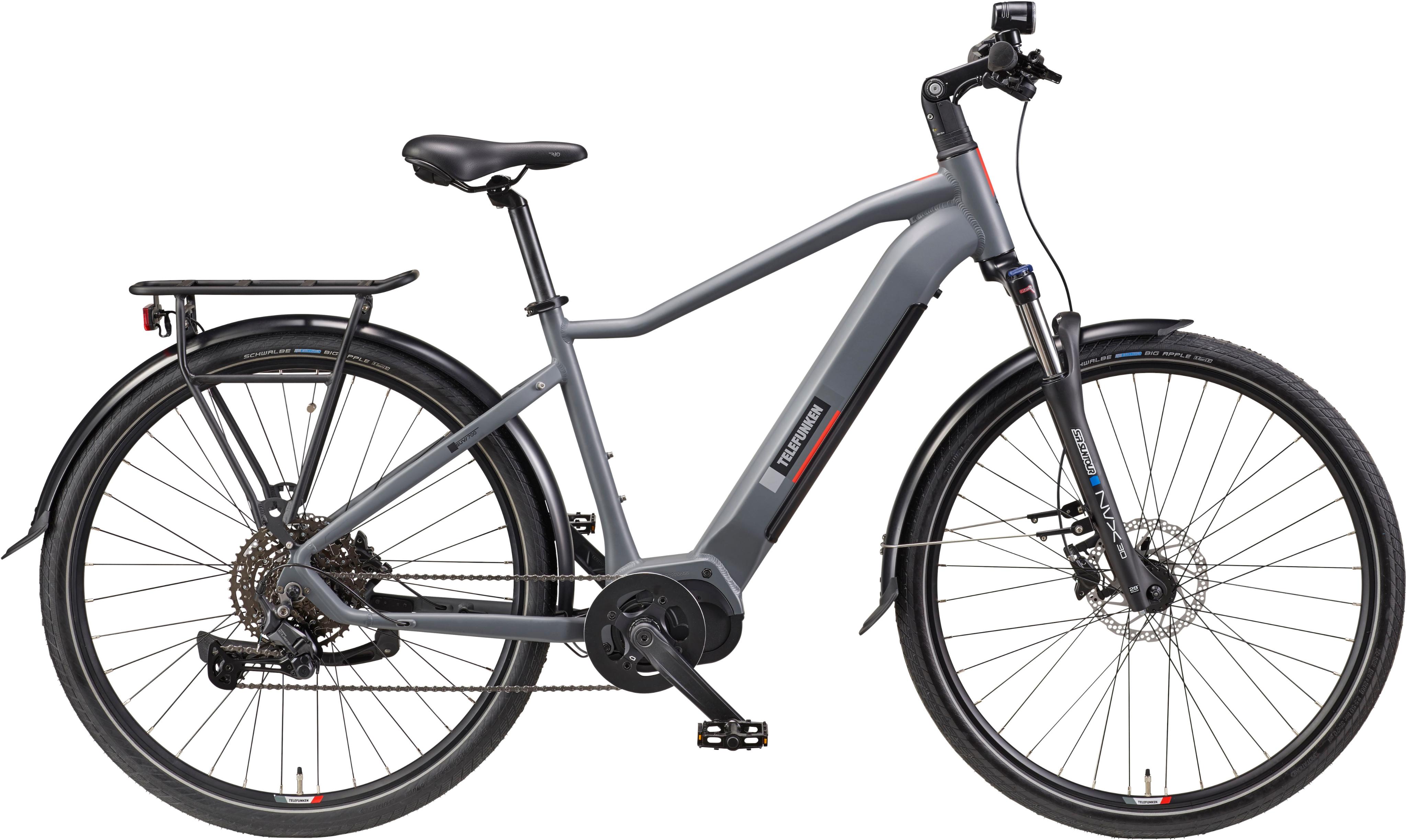 E-Bike TELEFUNKEN "SUV700" Gr. 48, grau (grau, schwarz), Elektrofahrräder, 48cm, 29 Zoll (73,66cm), Pedelec, Elektrofahrrad für Herren u. Damen,