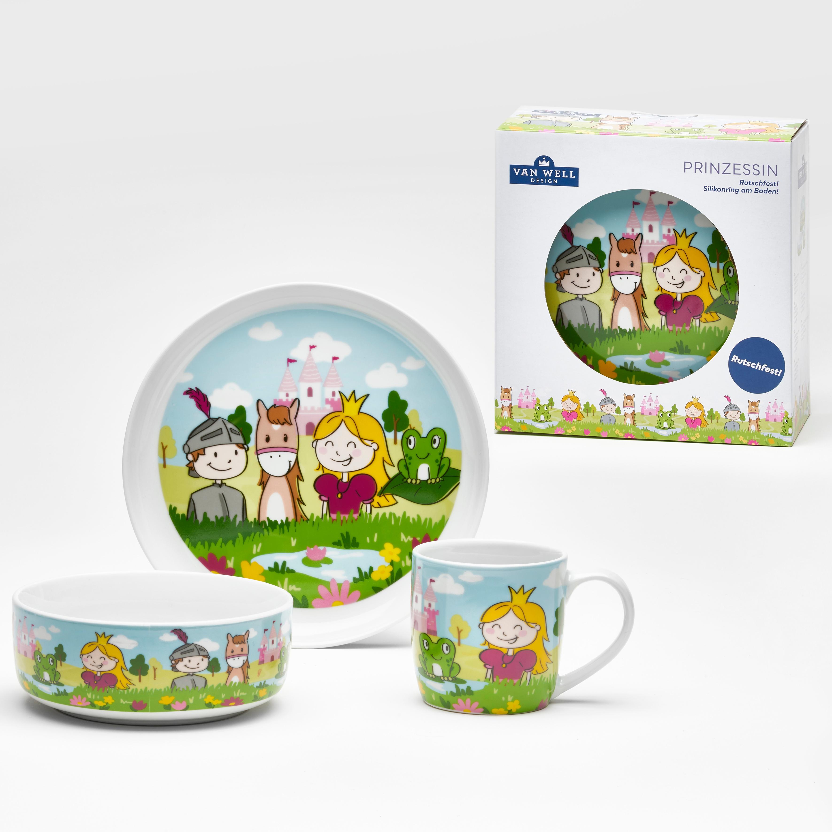 Kindergeschirr-Set VAN WELL "Kinderset Prinzessin, 3-teilig, Geschirr-Set, Service", bunt (weiß, bunt), 3 Stk., Porzellan, Geschirr-Sets, mit
