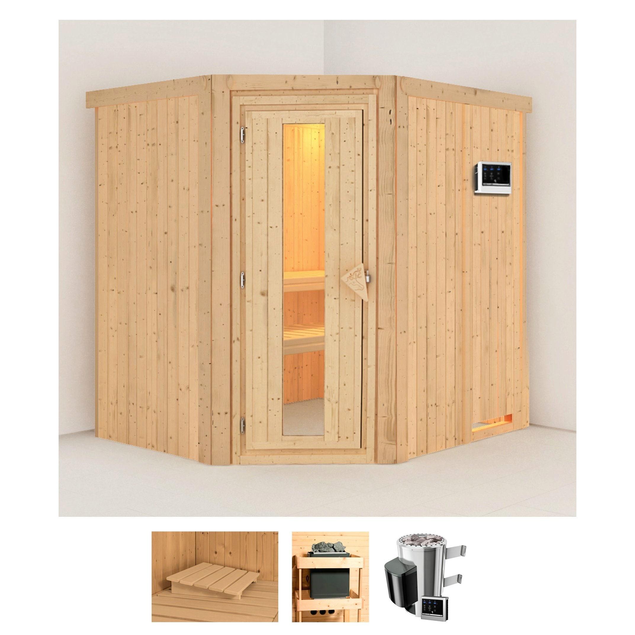 Sauna KARIBU "Laila", beige (naturbelassen), Saunaofen, externe Steuerung, 3,6 kW, Saunen, 3,6-kW-Plug & Play Ofen mit externer Steuerung