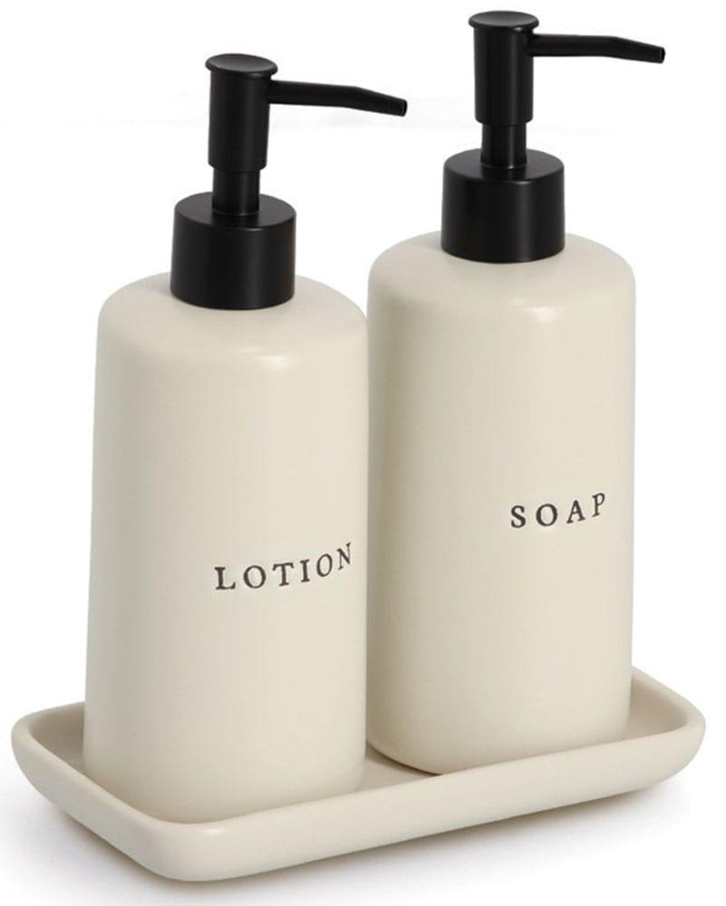 Seifenspender ZELLER PRESENT "Seifen-/Lotionspender-Set, 3-tlg., Keramik", creme, B:9,5cm H:21,5cm L:18cm, Keramik, Dosierspender, Seifenspender,