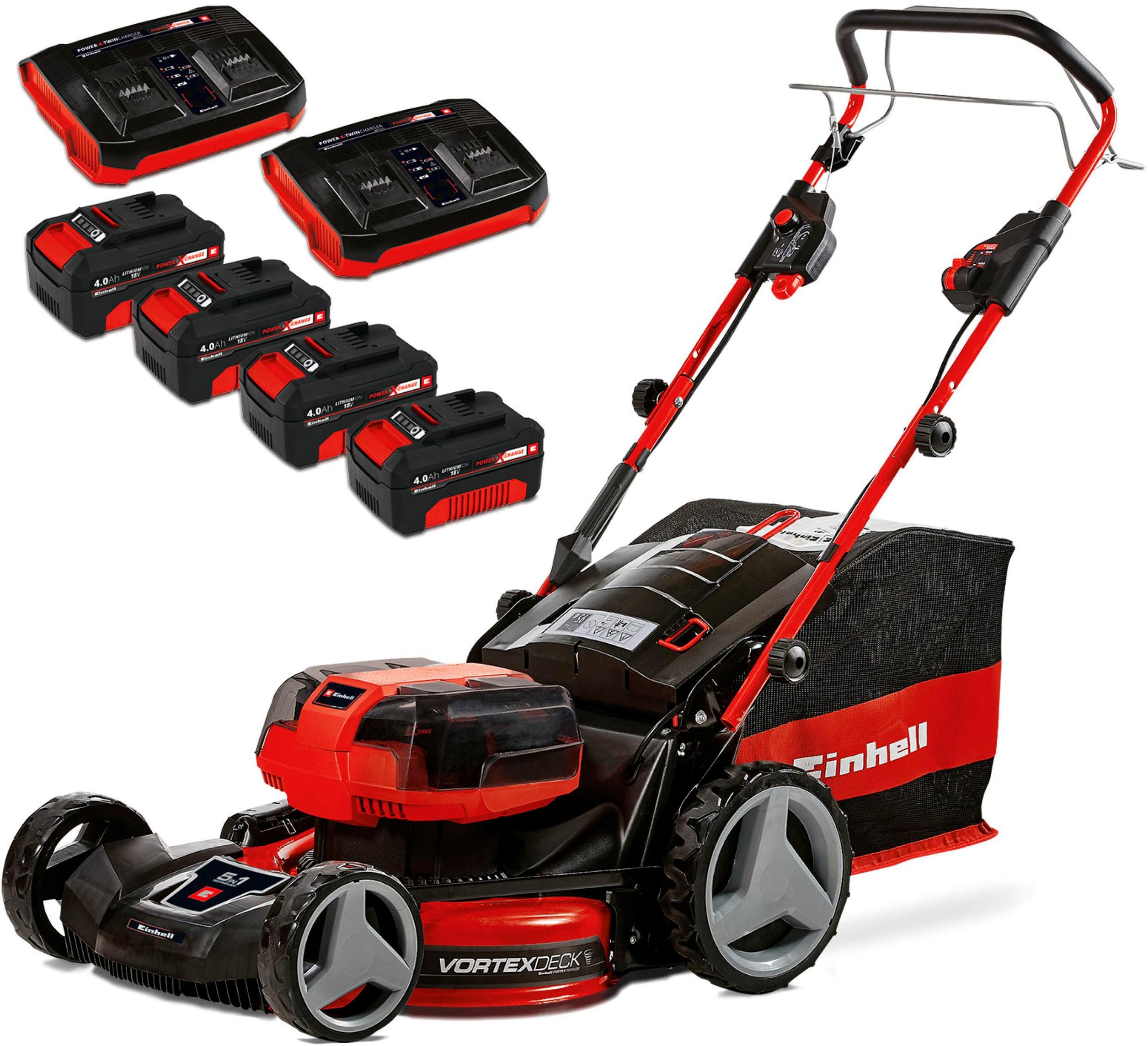 Akkurasenmäher EINHELL “GP-CM 36/47 S HW Li (4×4,0Ah)”, rot, B:61cm H:46cm T:91,5cm, Rasenmäher, mit Radantrieb, 4 Akkus und Ladegerät,