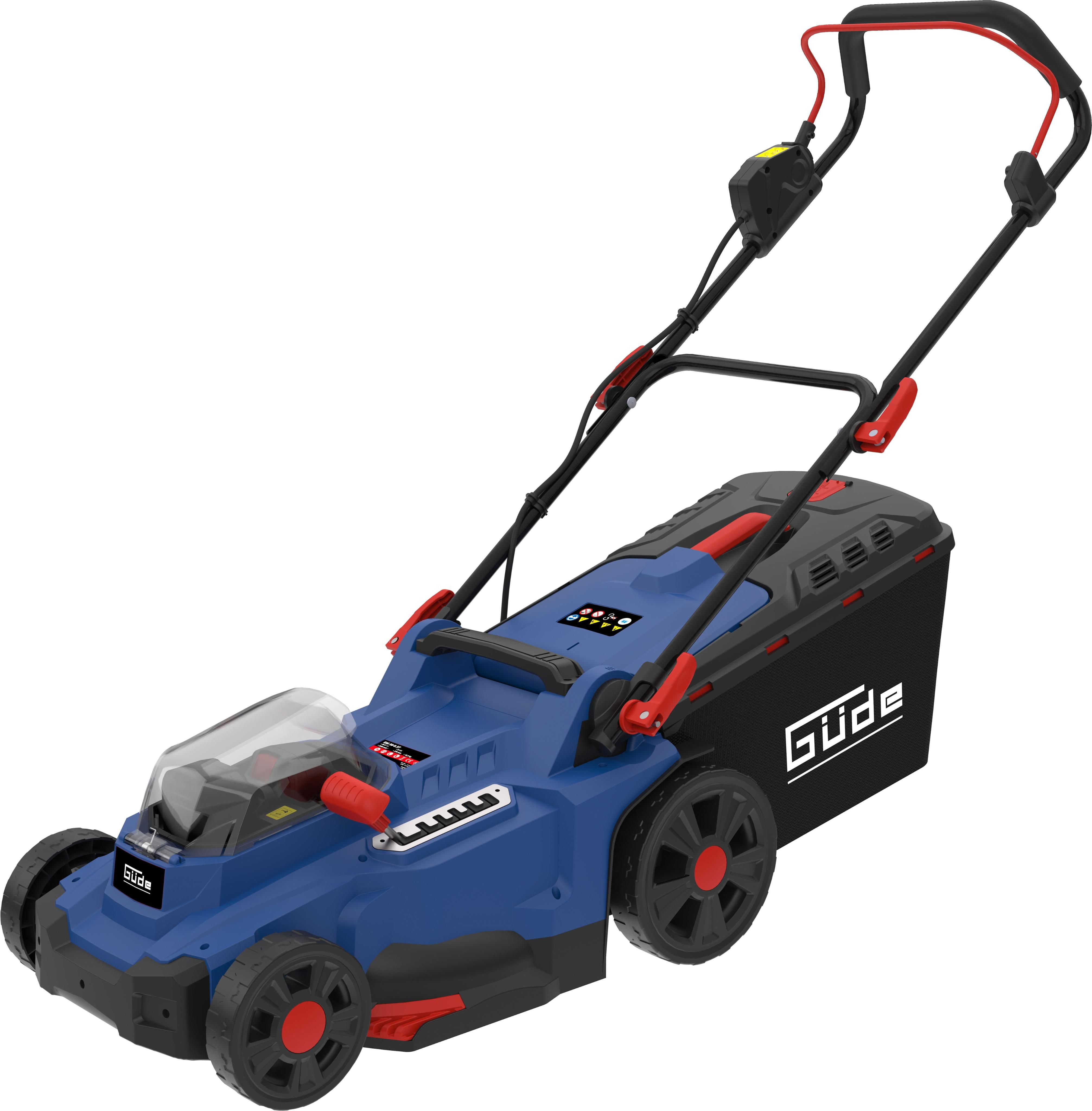 Akkurasenmäher GÜDE “RM 36-402-30.37”, schwarz, B:124cm H:100cm T:42cm, Rasenmäher, 3 Funktionen: Mähen, Sammeln und Mulchen