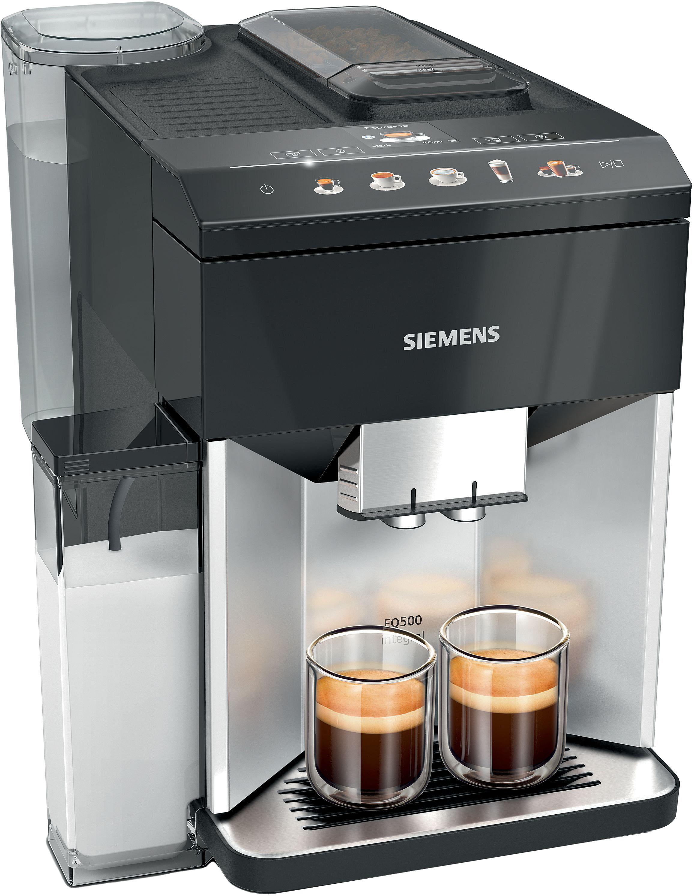 SIEMENS Kaffeevollautomat "EQ500 integral TQ513D01, viele Kaffeespezialitäten, OneTouch-Funktion", schwarz (daylight silber, klavierlack schwarz), B:3