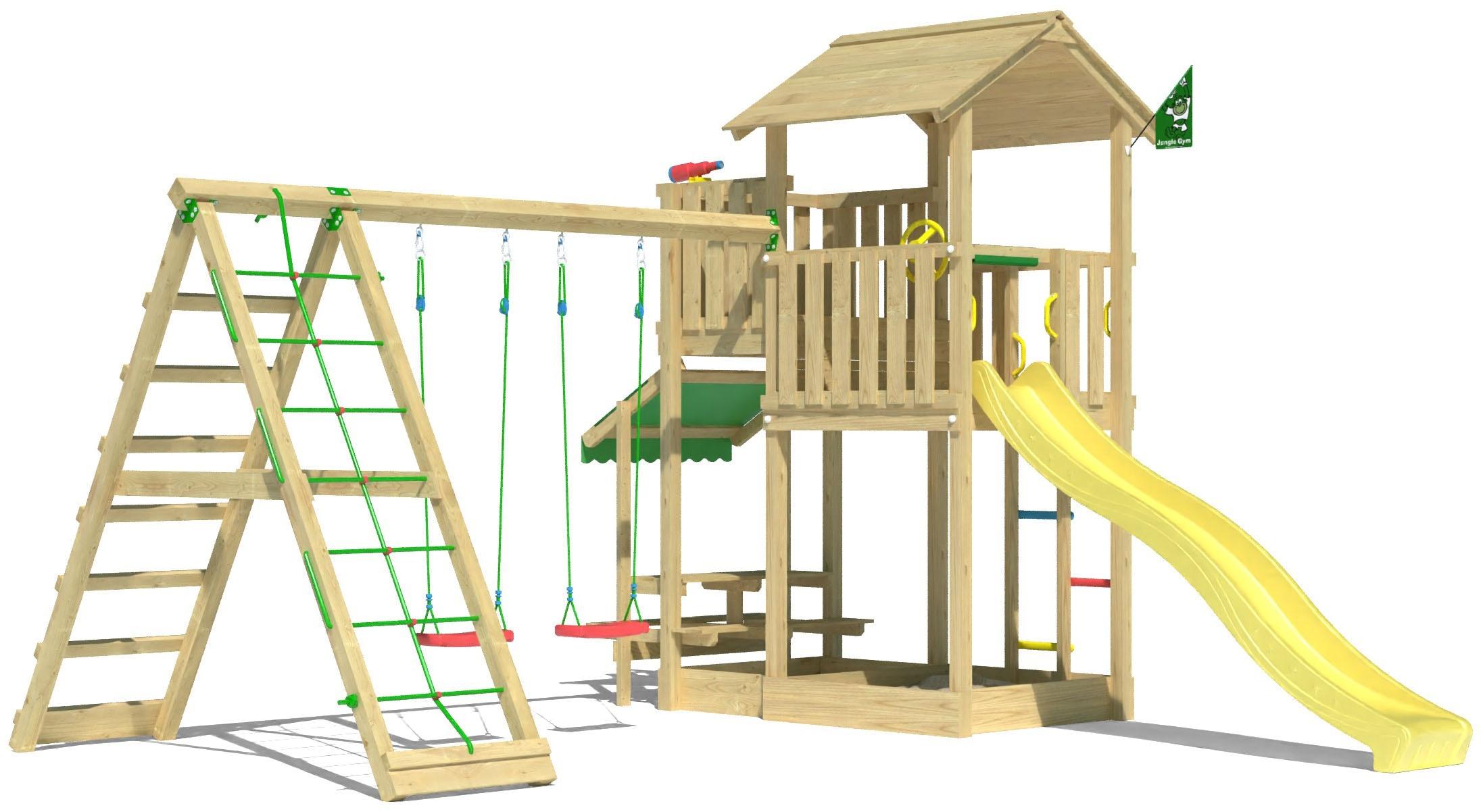Spielturm JUNGLE GYM "Veranda", gelb, Spieltürme, KinderB:454cm H:310cm T:437cm, Holzwerkstoff, Spielanlage mit Schaukel, Kletterbock und Rutsche mit