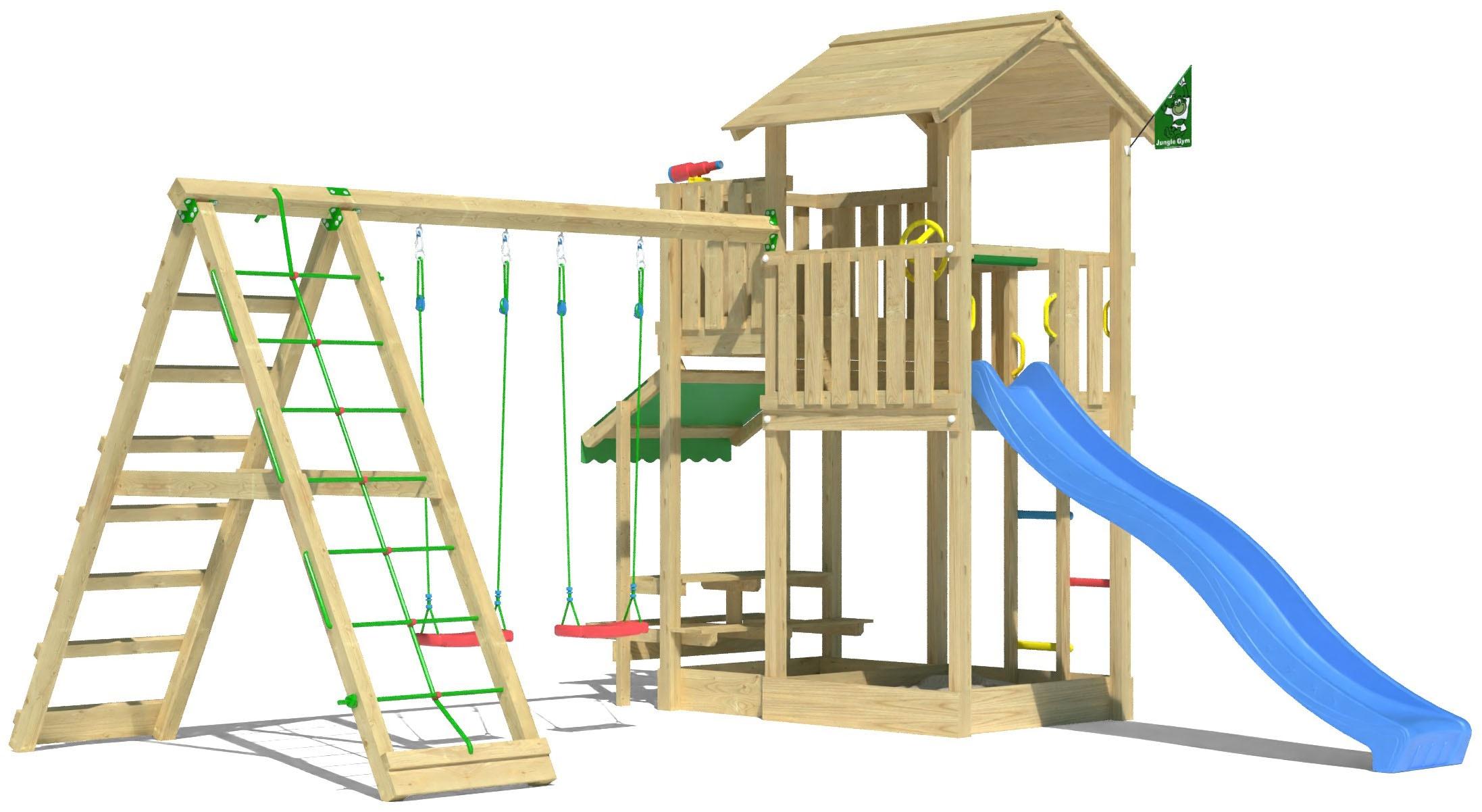 Spielturm JUNGLE GYM "Veranda", blau, Spieltürme, KinderB:454cm H:310cm T:437cm, Holzwerkstoff, Spielanlage mit Schaukel, Kletterbock und Rutsche mit
