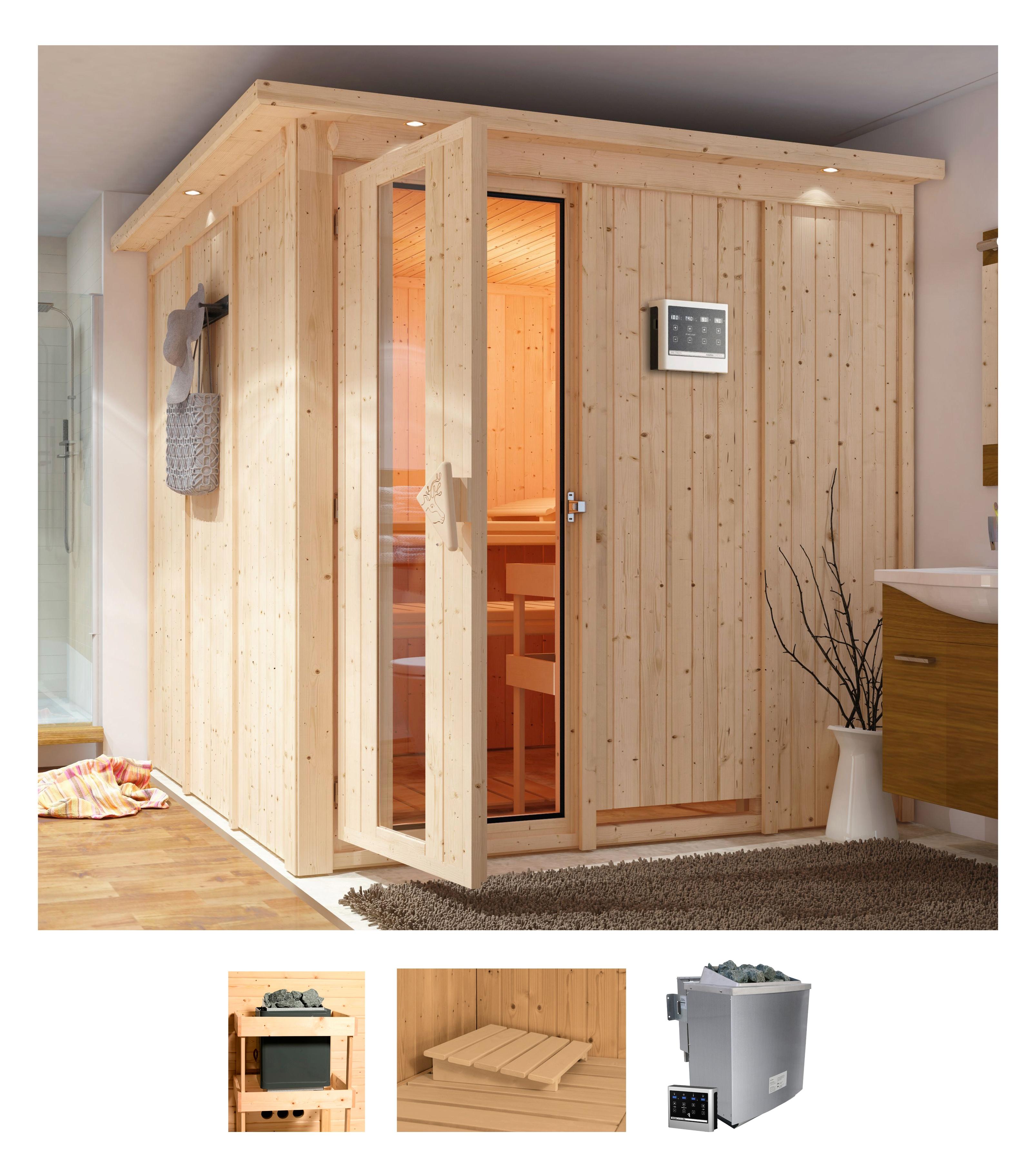Sauna KARIBU "Romina", beige (naturbelassen), Bio-Kombiofen, externe Steuerung, 9 kW, Saunen, Ofen 9 kW Bio externe Strg easy