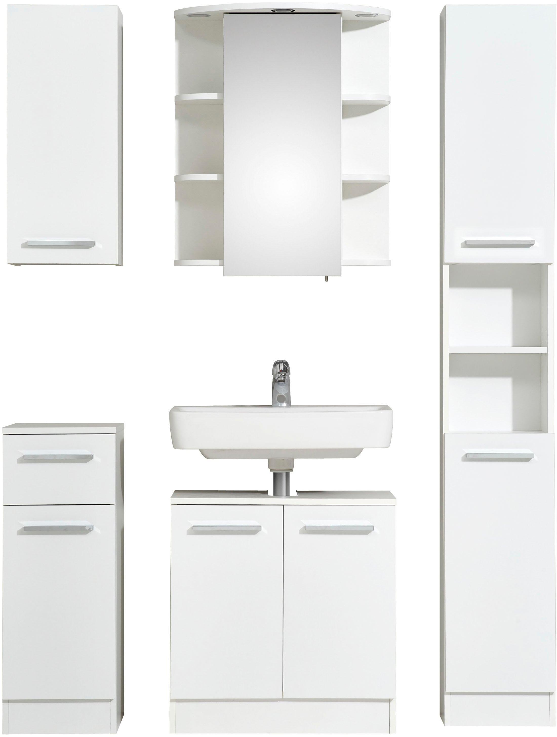 Badmöbel-Set SAPHIR "Quickset 335 5-teilig, Waschbeckenunterschrank mit LED-Spiegelschrank", weiß (weiß, weiß glanz), Kastenmöbel-Sets,