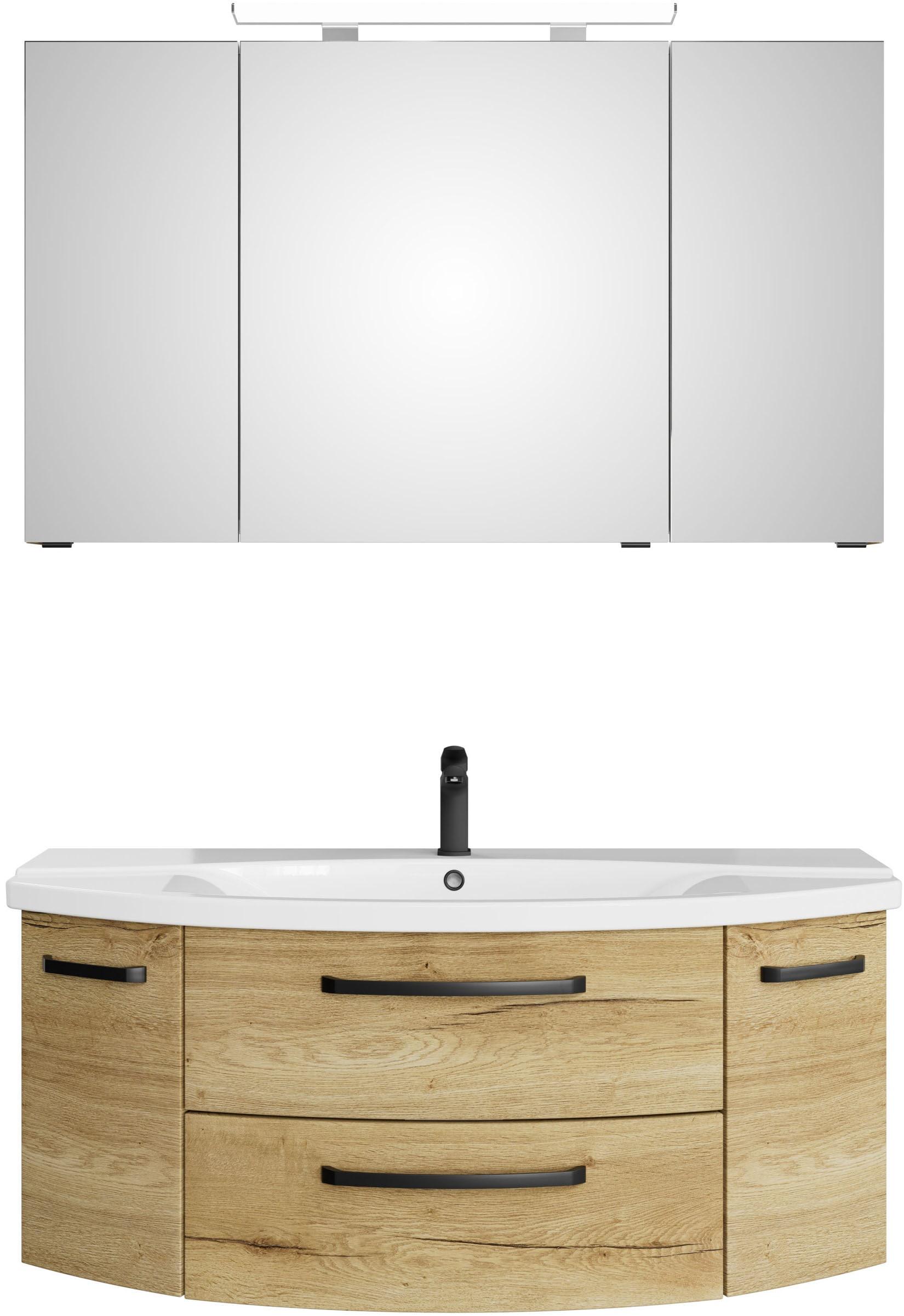 Badmöbel-Set SAPHIR "Serie 4010 2-teilig Keramik-Waschtisch mit LED-Spiegelschrank", braun (halifax eiche quer nachbildung), B:120,5cm H:200cm