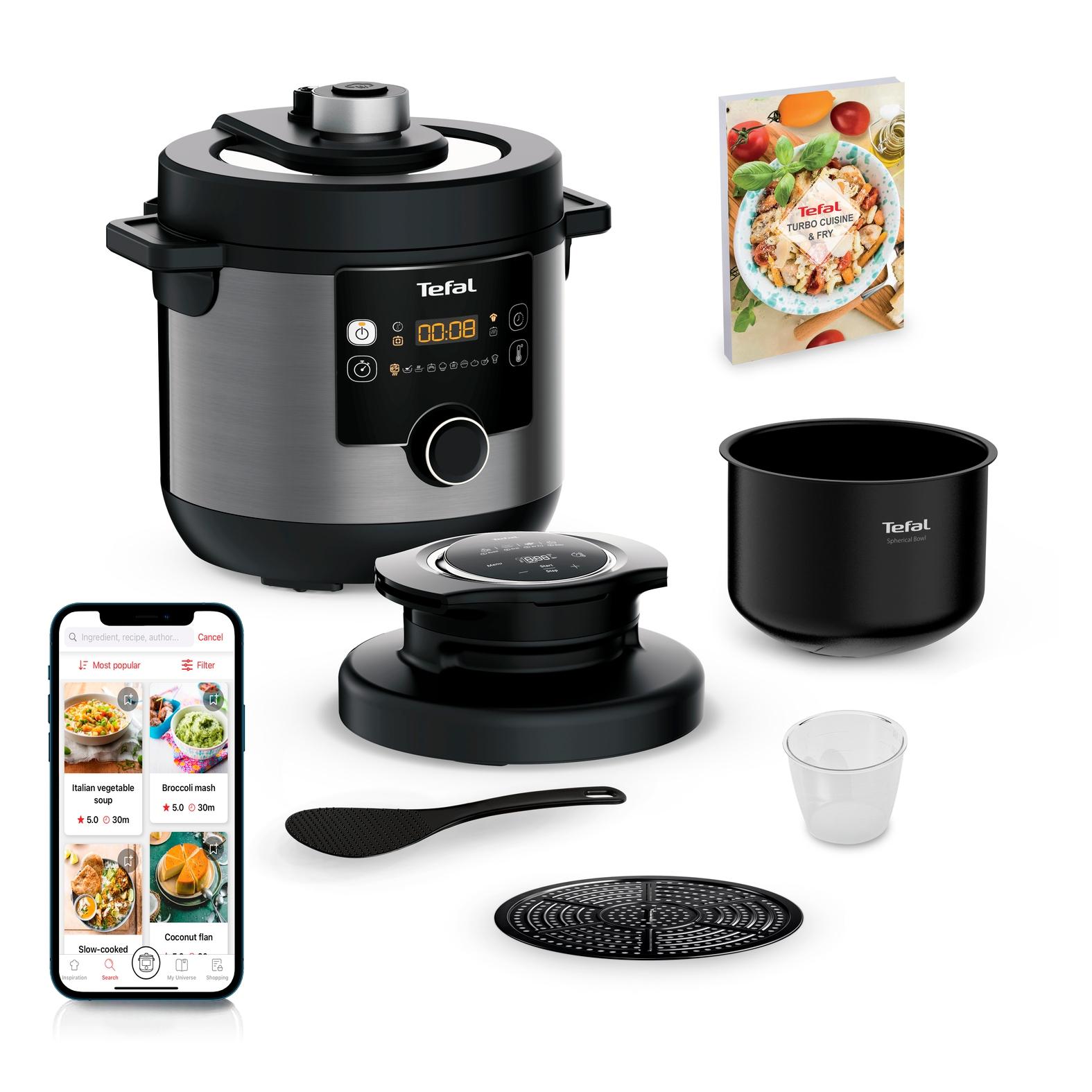 TEFAL Multikocher “Turbo Cuisine & Fry inkl. Extra-Crisp-Deckel, 1-Knopf-Bedienung”, schwarz (edelstahlfarben, schwarz), Küchenmaschinen,