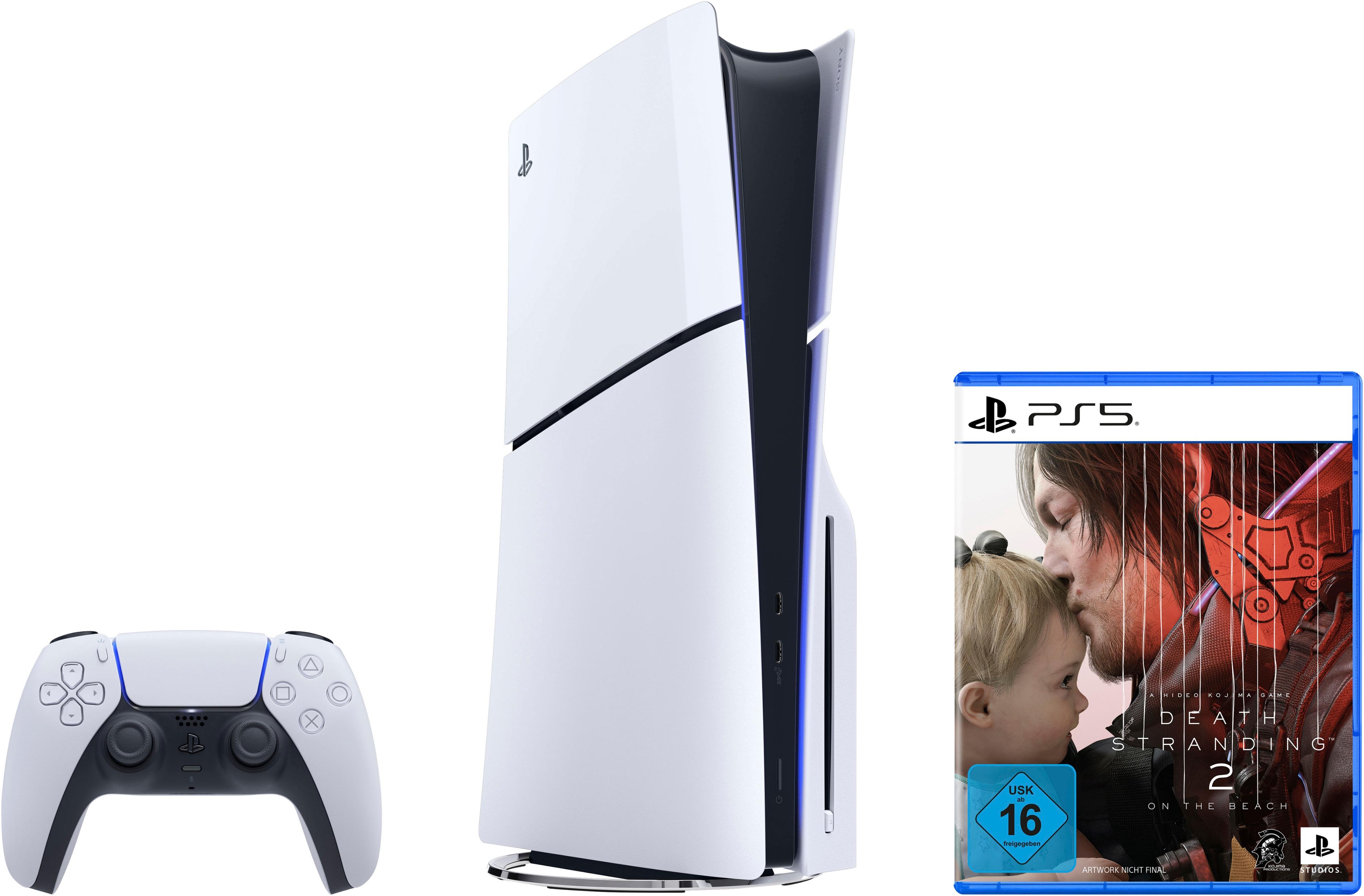 PLAYSTATION 5 Konsolen-Set “PS5 Disk Edition (Slim) + Death Stranding 2: On the Beach”, weiß, schwarz, B:21,6cm H:35,8cm T:9,6cm,