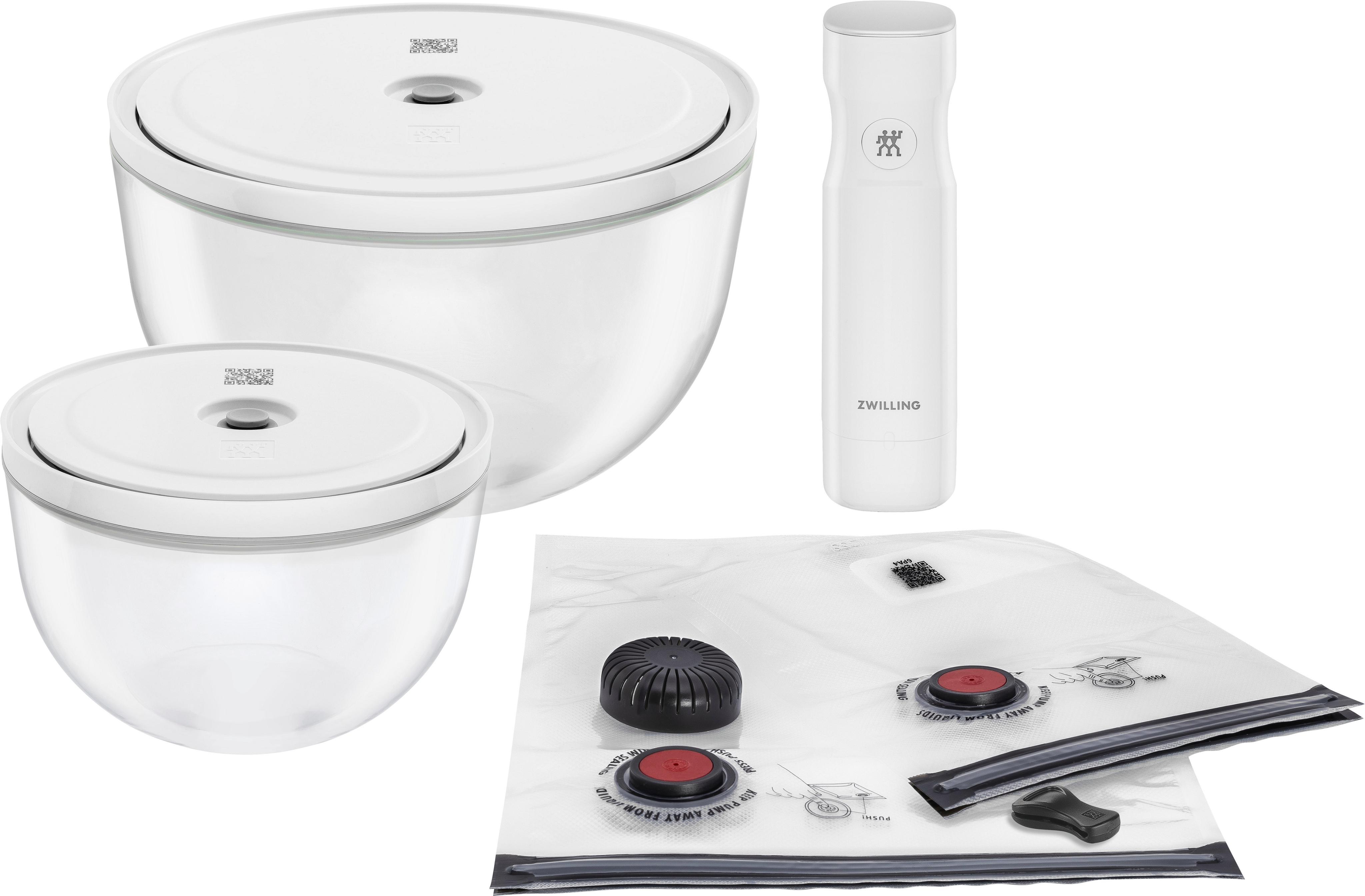 Aufbewahrungssystem ZWILLING "Fresh & Save BOWLS", transparent, weiß, Lebensmittelaufbewahrungsbehälter, Vakuum Starter Set, Glas / M/L, 9-tlg.