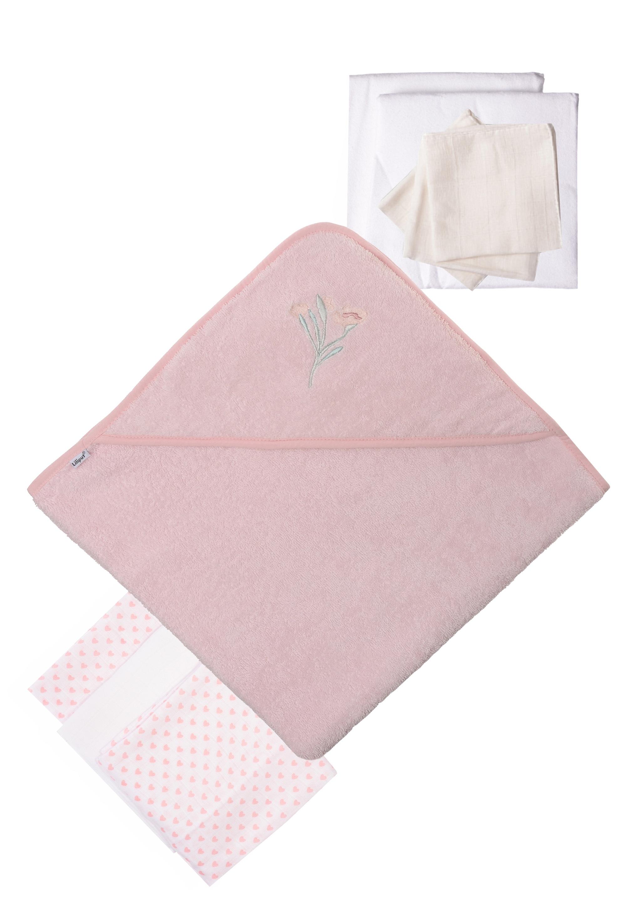 Erstausstattungspaket LILIPUT "Blume", Mädchen, rosa (rosa, weiß), 100% Baumwolle, KOB Set-Artikel Erstausstattungspaket, 9-teilig mit saugfähigem
