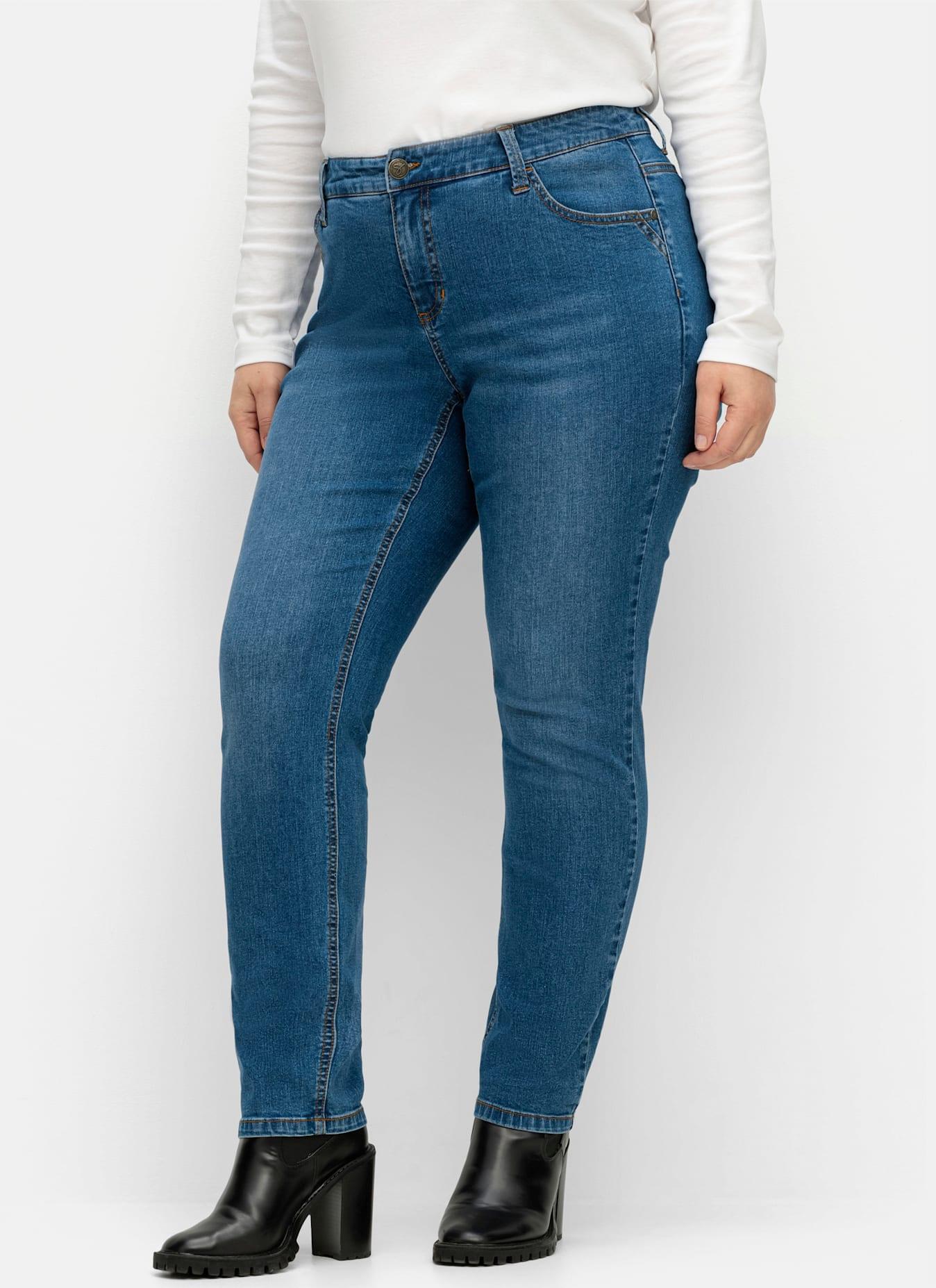 Stretch-Jeans SHEEGO, Damen, Gr. 23, Kurzgrößen, blau (blau denim), 99% Baumwolle, 1% Elasthan, unifarben, lang, Jeans