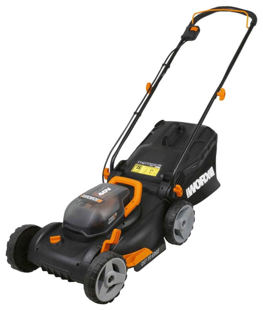 Akkurasenmäher WORX “WG743E”, schwarz, B:136cm H:104cm T:44cm, Rasenmäher, 40V/ 2x4Ah 500m², 40cm/20-80mm, 45 Liter