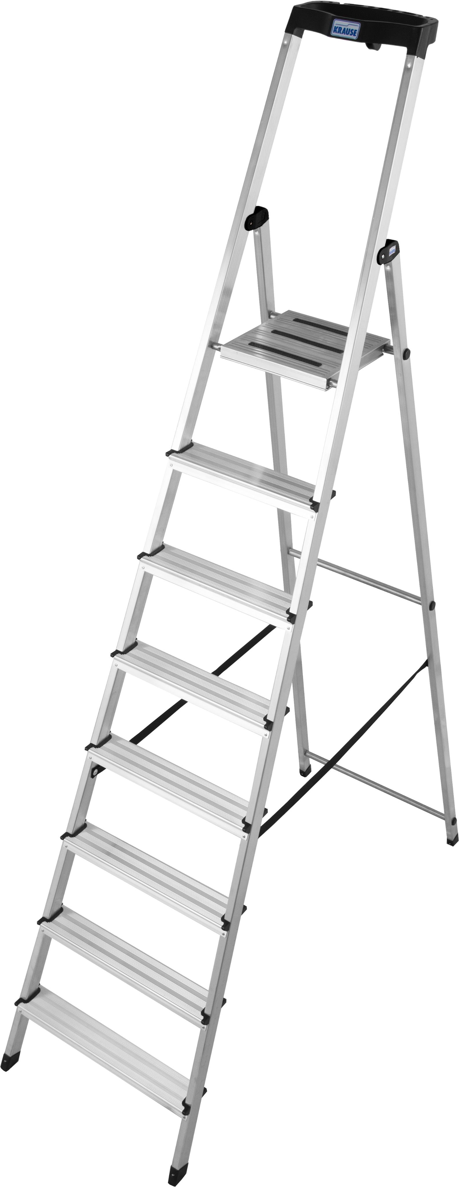 Stehleiter KRAUSE "Safety", grau (aluminiumfarben), B:54cm H:11cm L:255cm, Aluminium, Leitern, Aluminium, 1x8 Stufen, Arbeitshöhe ca. 370 cm