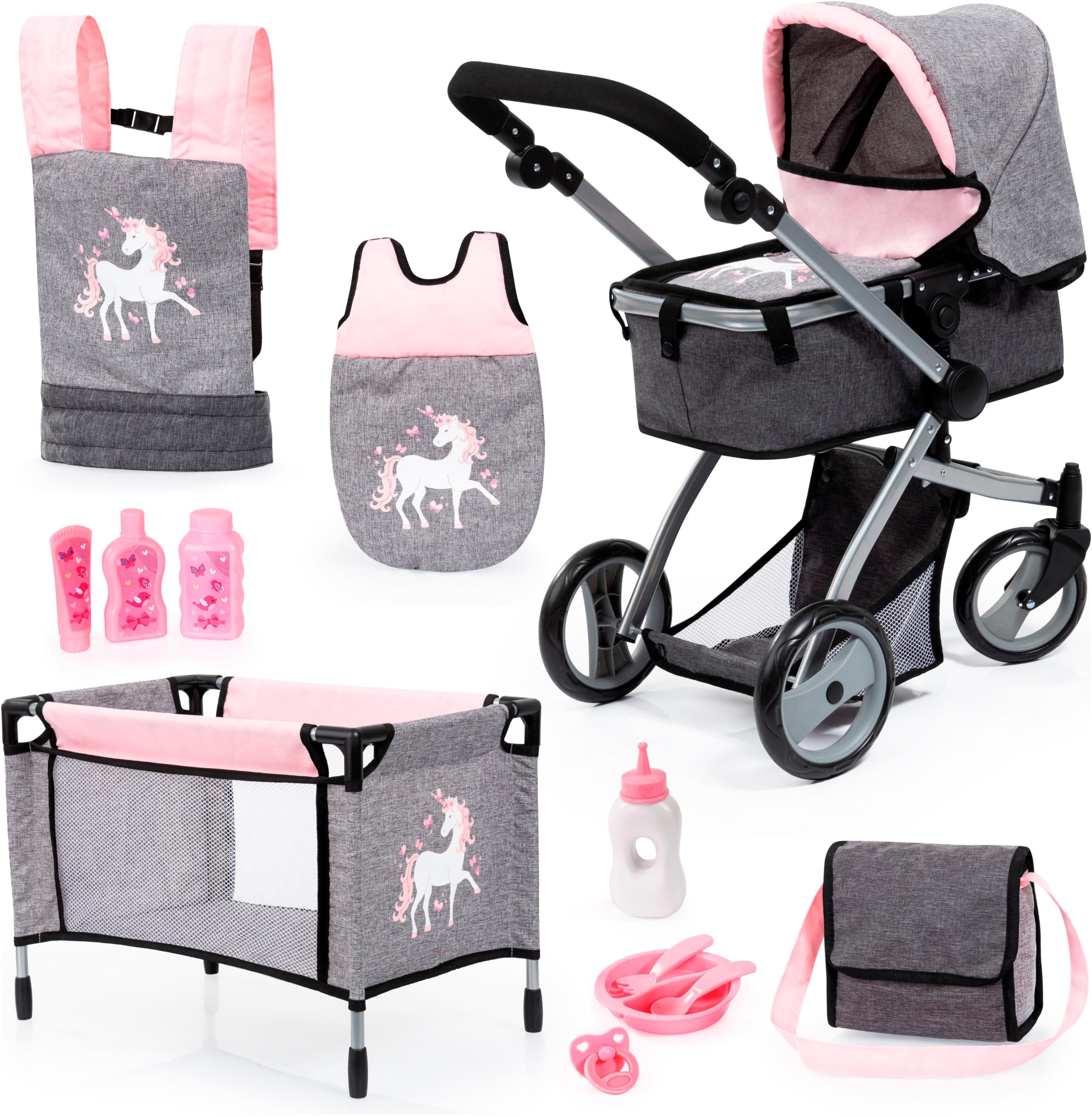 Puppenwagen BAYER "Mega grau/rosa", rosa (grau, rosa einhorn), Puppenwagen, KinderB:36cm H:72cm T:70cm, Kunststoff, Metall, Stoff, Puppenwagen, mit Re