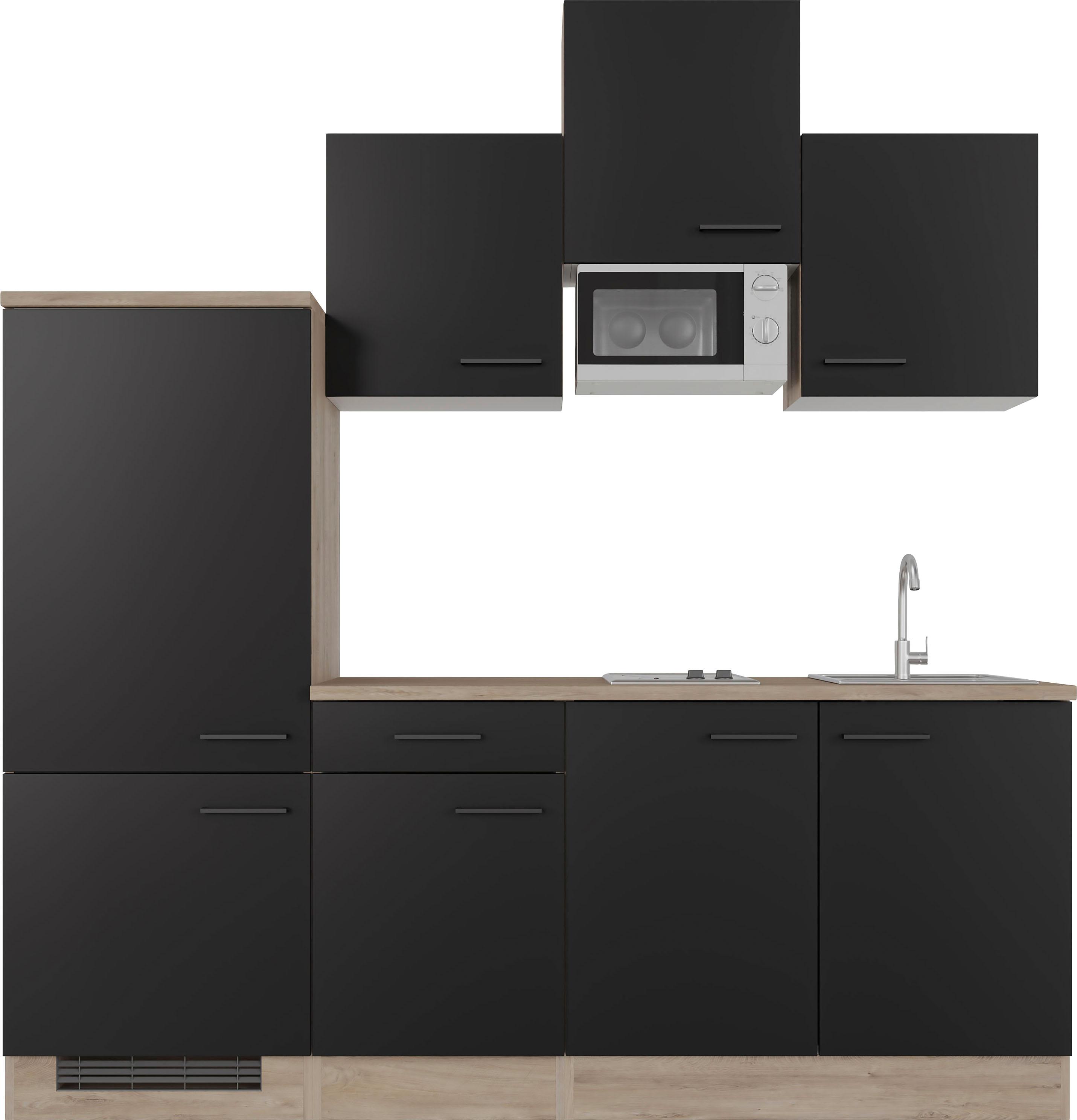 Küchenzeile FLEX-WELL "Capri", schwarz (küche: schwarz, front: schwarz, korpus: endgrain oak, arbeitsplatte: endgrain oak), B:210cm H:205cm T:60cm, Ko
