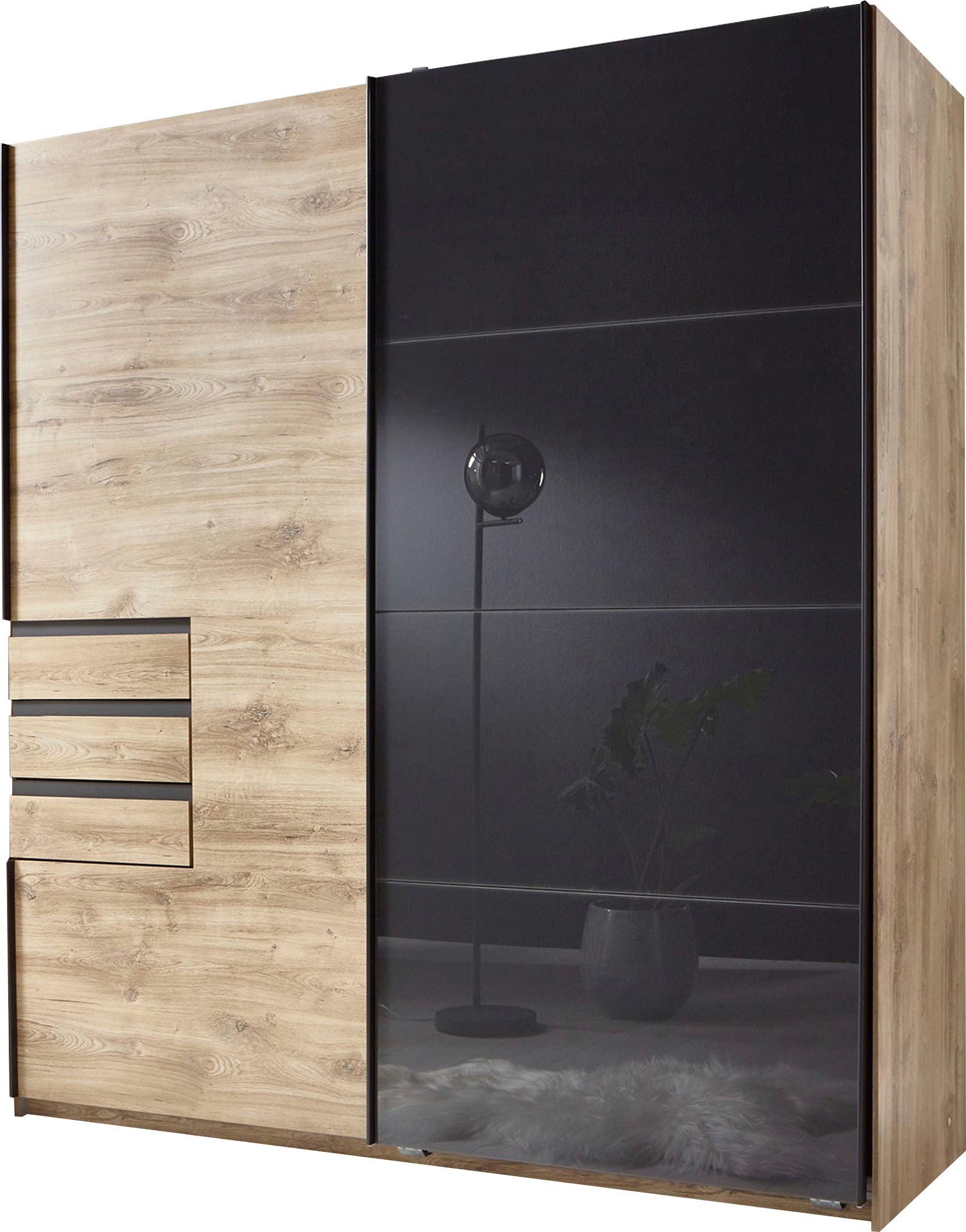 Schwebetürenschrank WIMEX "Oldenburg, Kleiderschrank mit Glaselementen in schwarz, 3 Schubladen", grau (artisan eiche nachbildung, glas grau), B:180cm