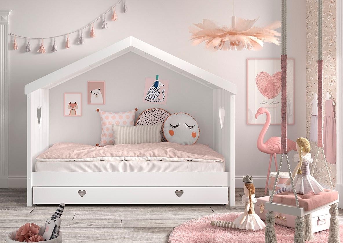 Hausbett VIPACK "Amori, inkl. Dach, Rückseitig offen, mit Rolllattenrost", weiß, B:98,7cm H:213cm L:209cm, Bettgestell Massivholz;Dachaufbau MDF, Bett