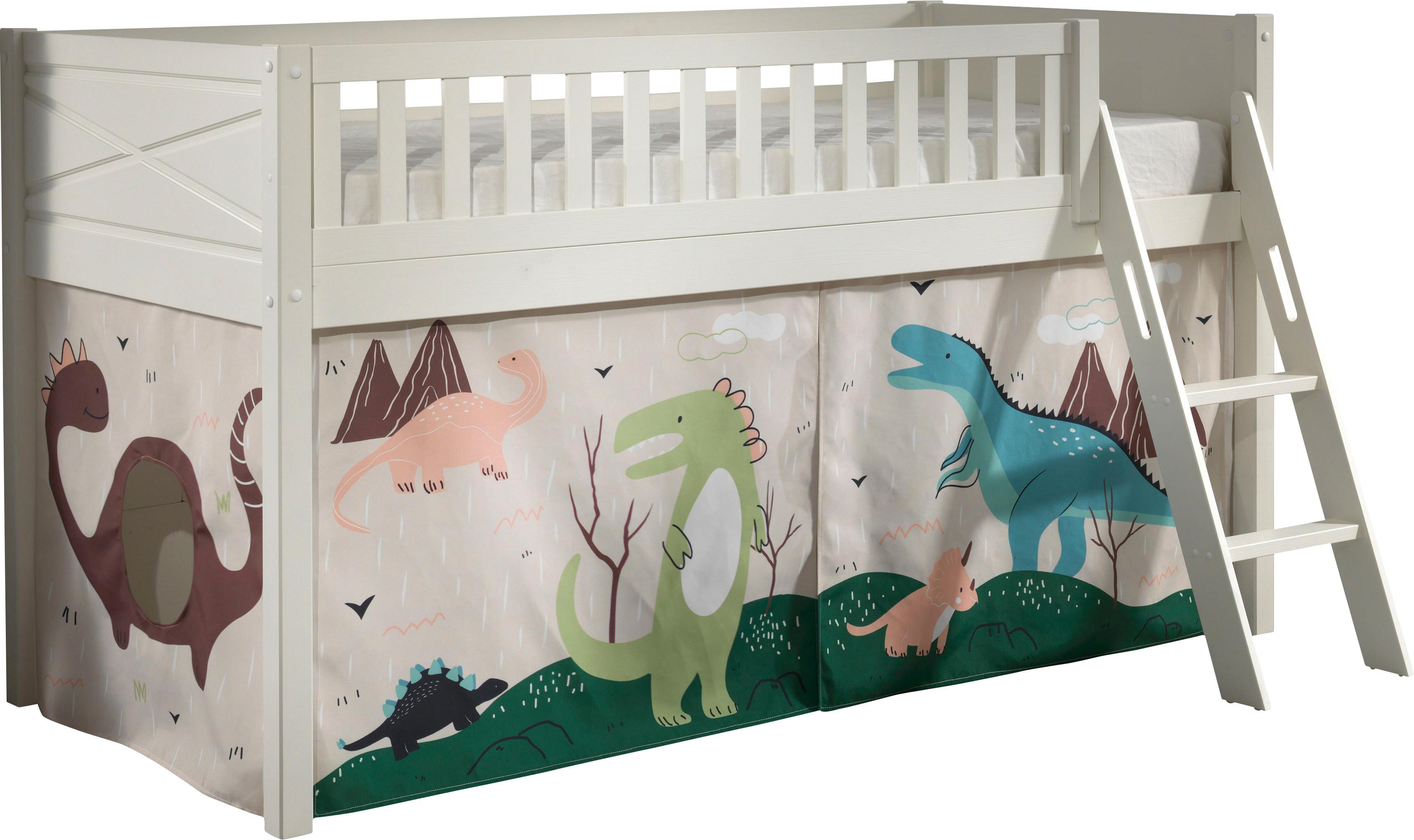 Hochbett VIPACK "Scott", weiß (weiß, beige dino, weiß, weiß), B:134,7cm H:114cm L:207,6cm, 100% Polyester, Hochbetten, Hochbett, mit schräger Leiter, 