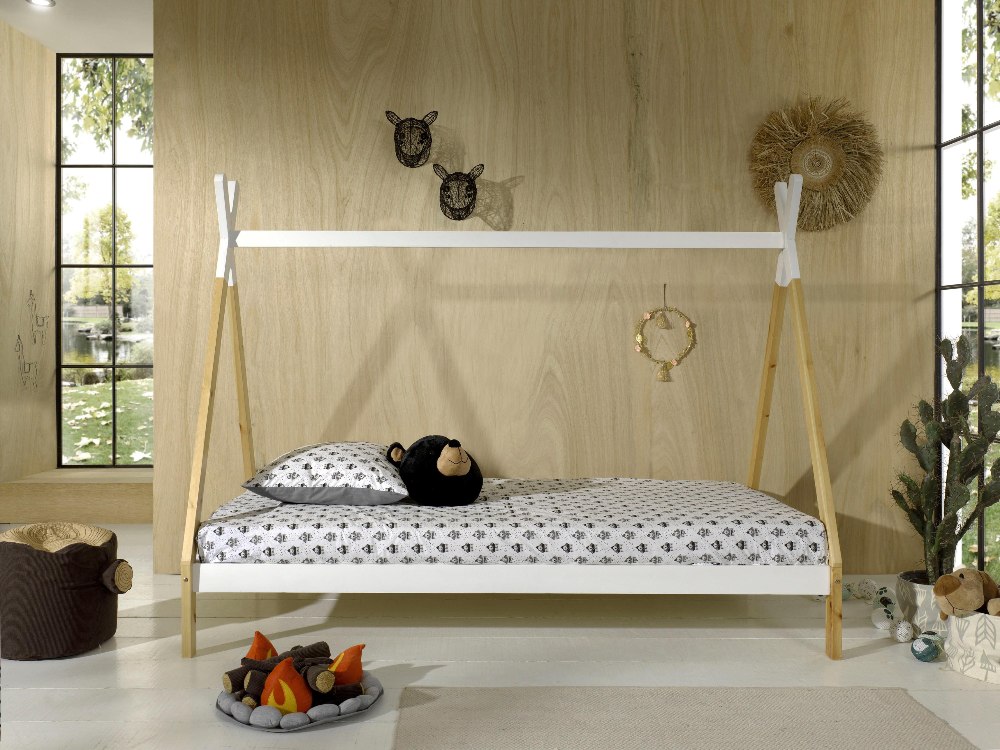 Kinderbett VIPACK "TIPI, Kiefer massiv, 2-farbig lackiert, mit Rolllattenrost", weiß (natur, weiß), B:98cm H:158,2cm L:206cm, Betten, Kinderbett, 90/2