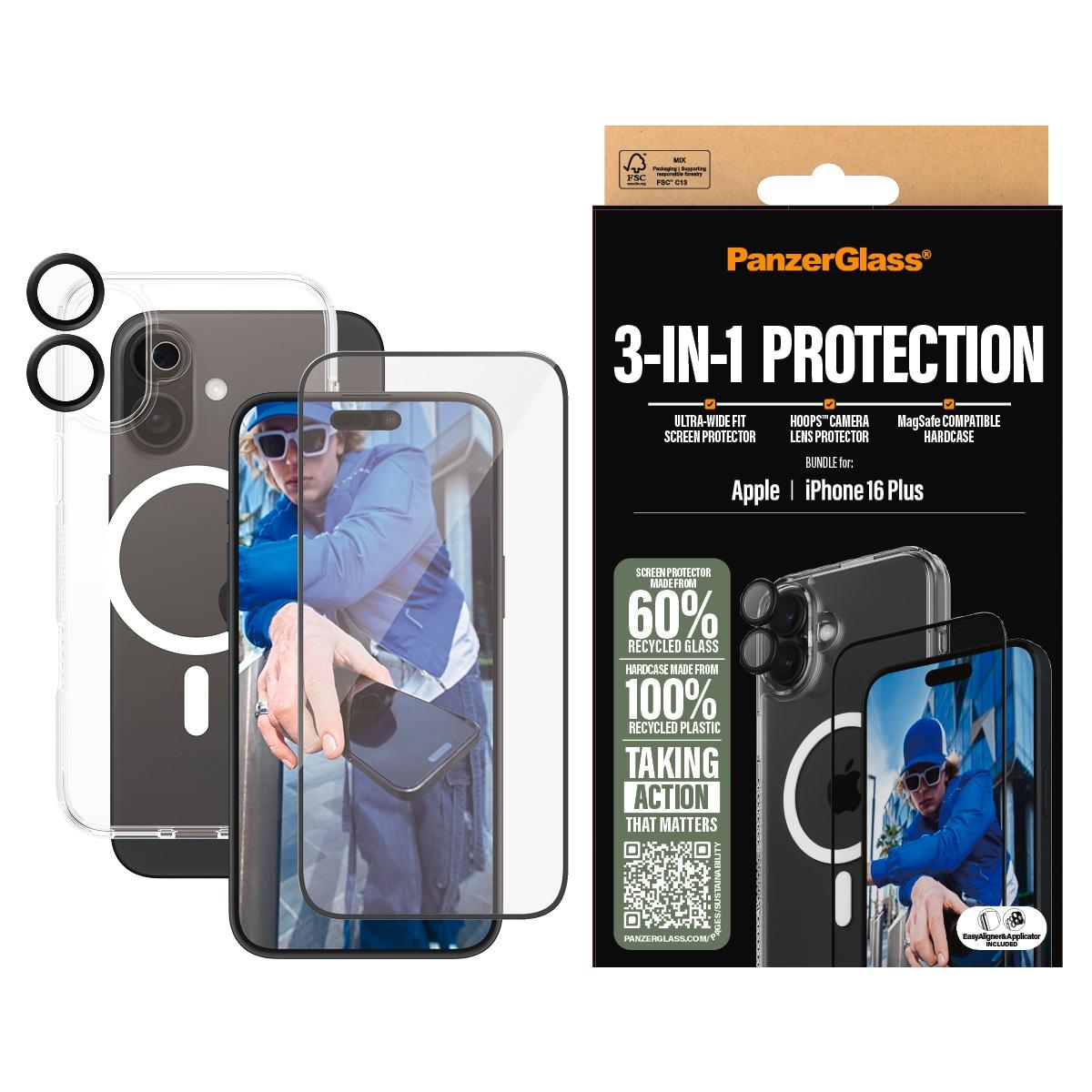 PANZERGLASS Displayschutzglas "3-in-1 Protection, Glass, Hoops, Case", transparent, B:11cm H:2,5cm T:19,5mm, Displayfolien, Displayschutzfolie, Schutz