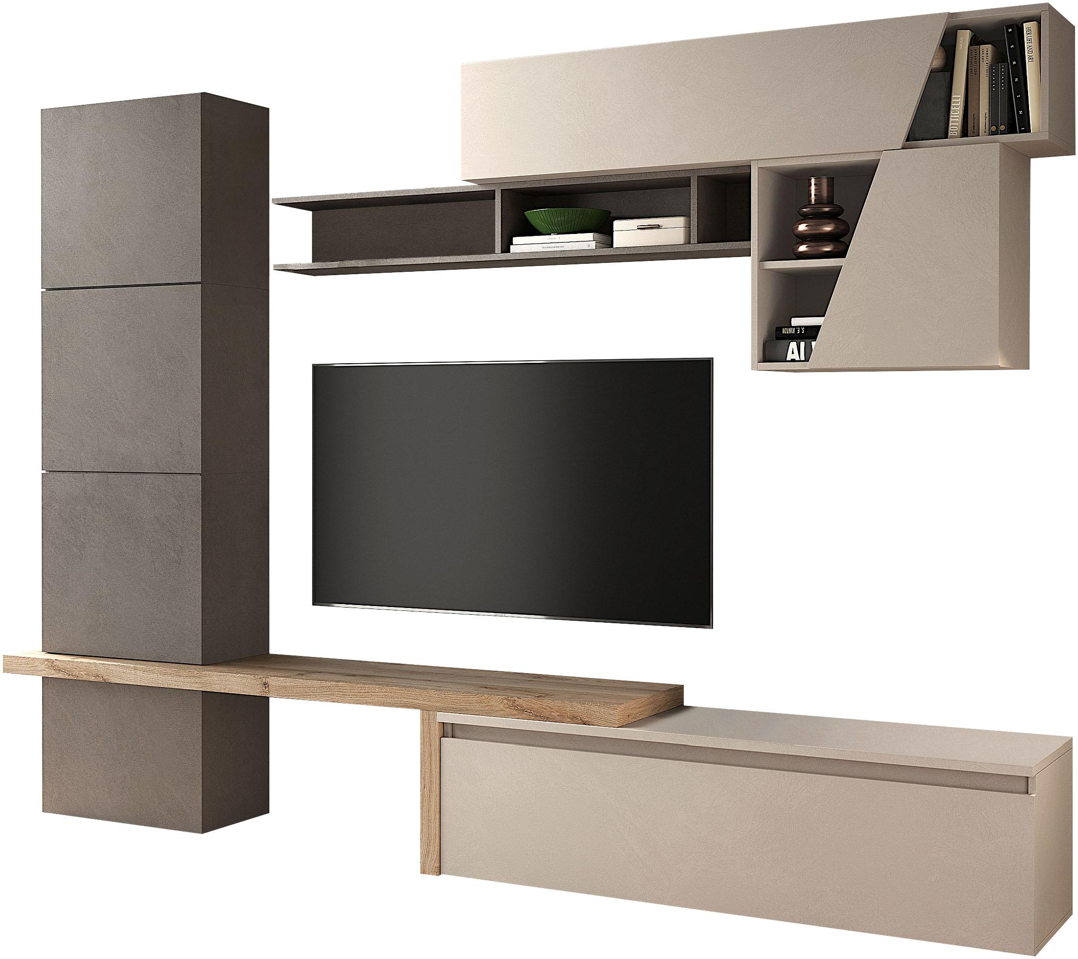 Wohnwand HOME AFFAIRE "Infinity, 9tlg. Breite 280 cm, moderne Mediawand", beige (bronzo, cashmere, eiche cadiz nb), B:280cm H:202cm T:40cm,