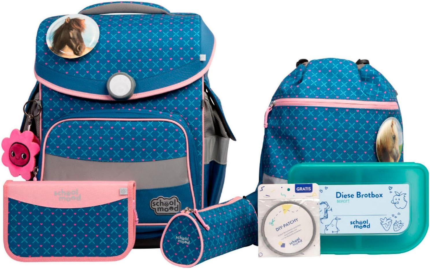 Schulranzen SCHOOL-MOOD "Timeless Pro", Kinder, Gr. B/H/T: 36cm x 42cm x 21cm, blau (mila (pferd) mit moodie naomi neugier), Polyester, Rucksäcke