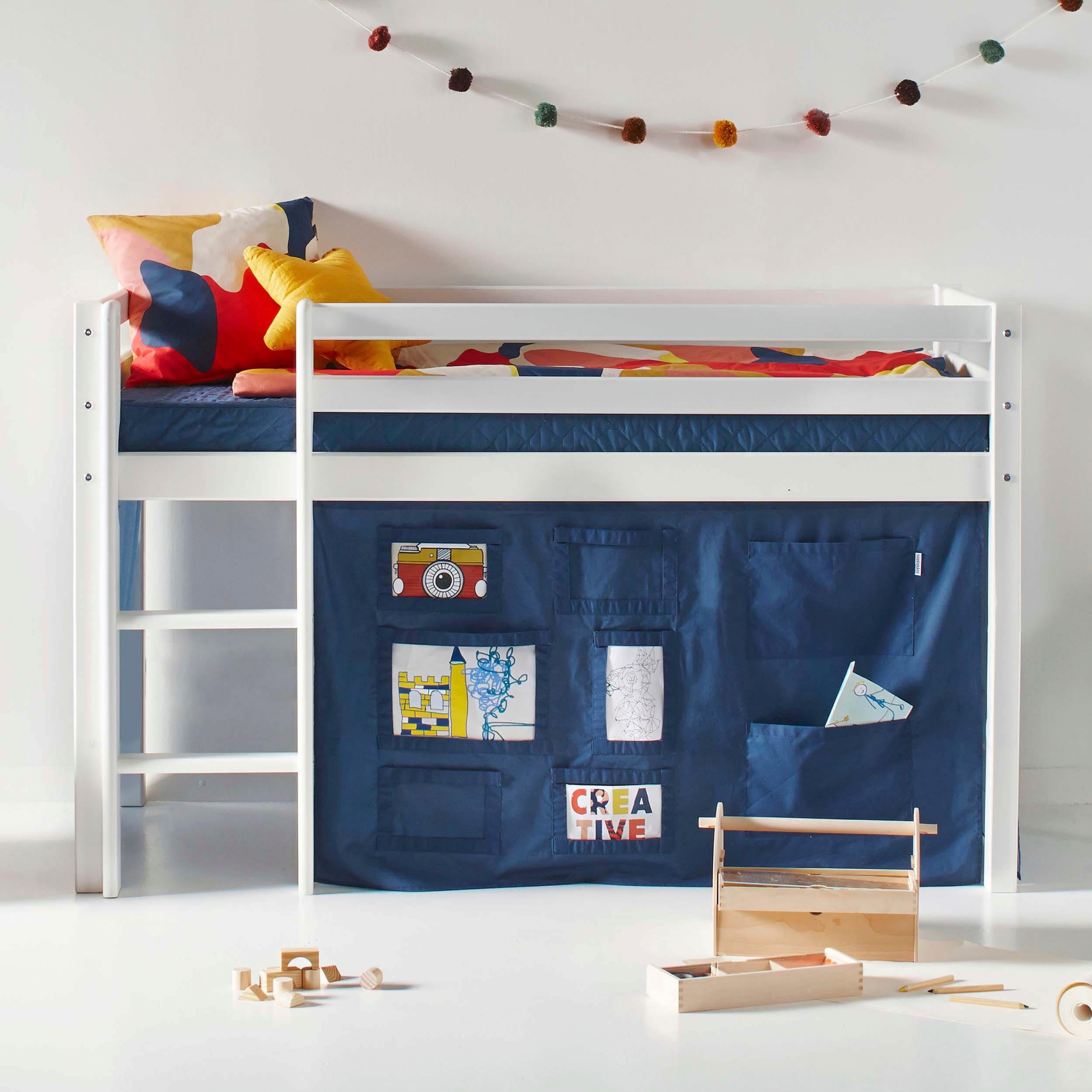 Hochbett HOPPEKIDS "ECO Dream, Kinderbett, Spielbett, Halbhohes Bett aus Massivholz", blau (weiß, creator blau), B:81cm H:105cm L:168cm, Kinderbett: