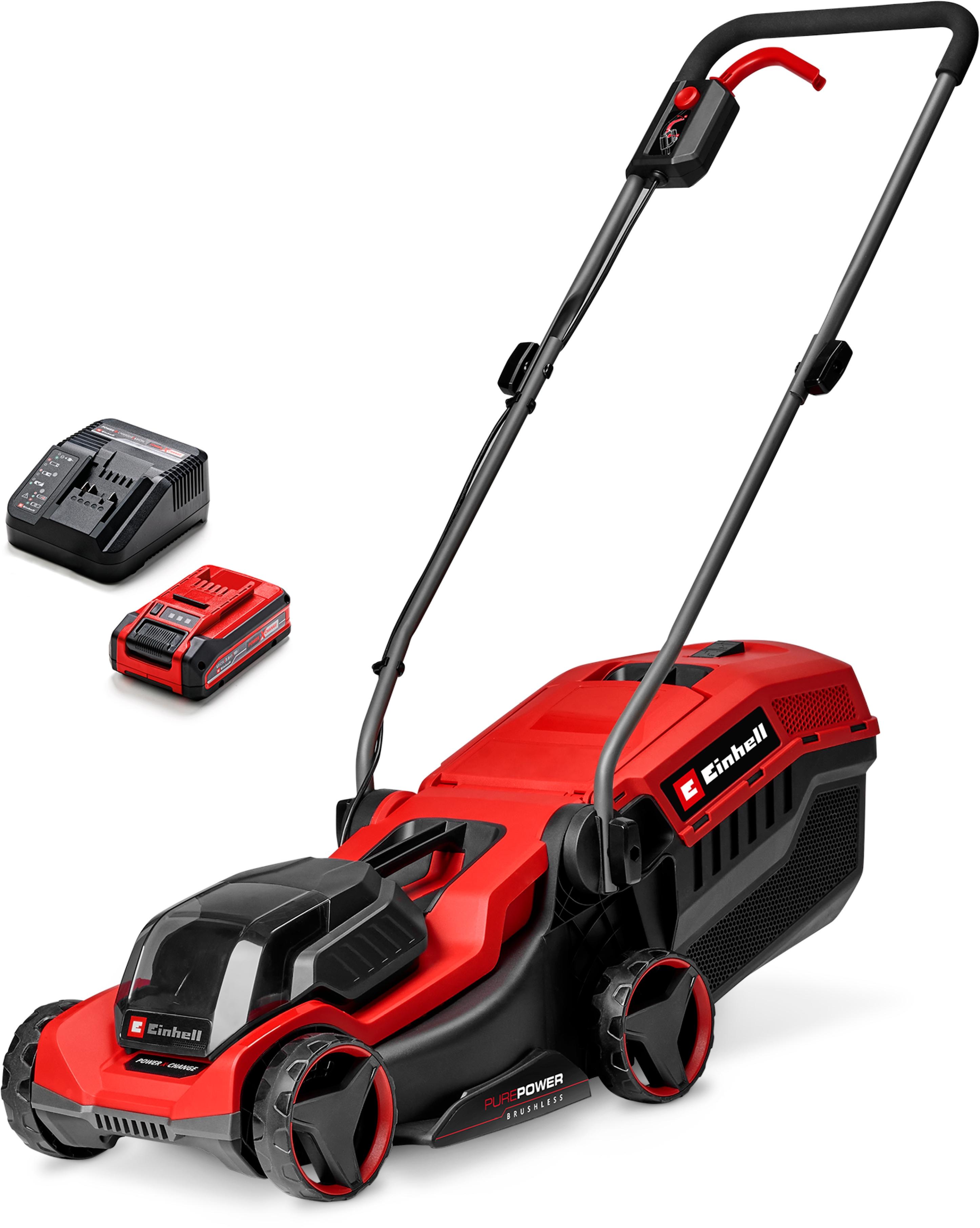 Akkurasenmäher EINHELL “GE-CM 18/30-1 Li BL”, grau (rot, schwarz), B:109,2cm H:39,5cm T:98,5cm, Rasenmäher, 1×3,0Ah