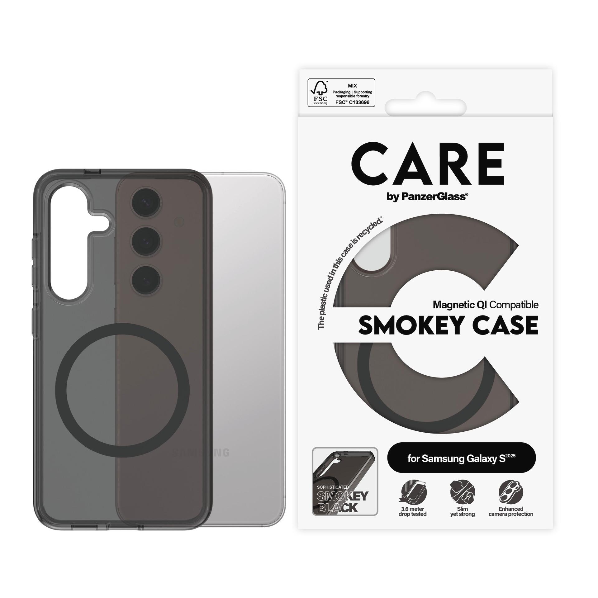 CARE BY PANZERGLASS Handyhülle "Magnetic QI Compatible Smokey Case für Samsung Galaxy S25", transparent, B:11cm H:2,5cm T:20cm, Hüllen, Backcover, Sch