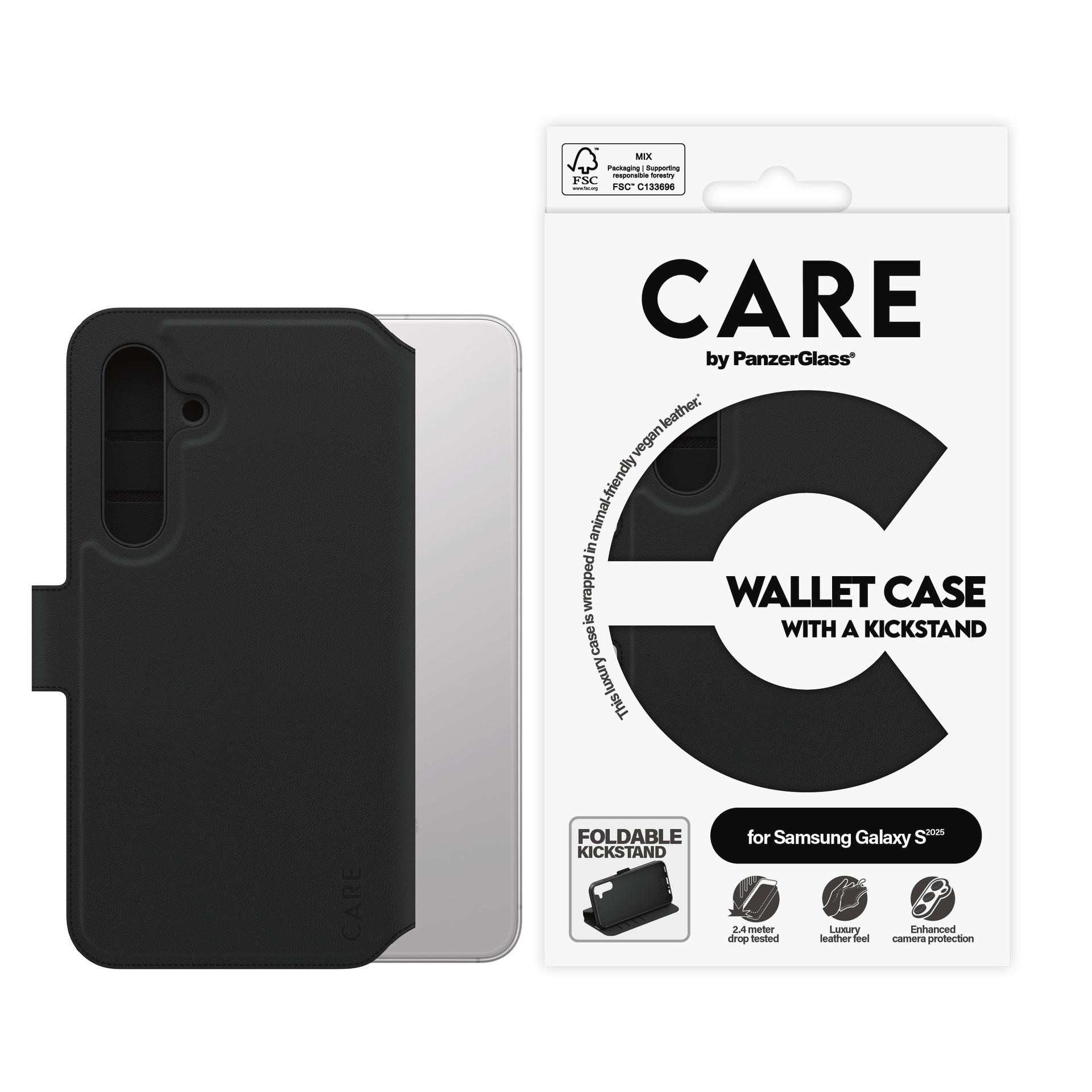 CARE BY PANZERGLASS Handyhülle "Wallet Case with Kickstand für Samsung Galaxy S25", schwarz, B:11cm H:2,5cm T:20cm, Hüllen, Backcover, Schutzhülle, Ha