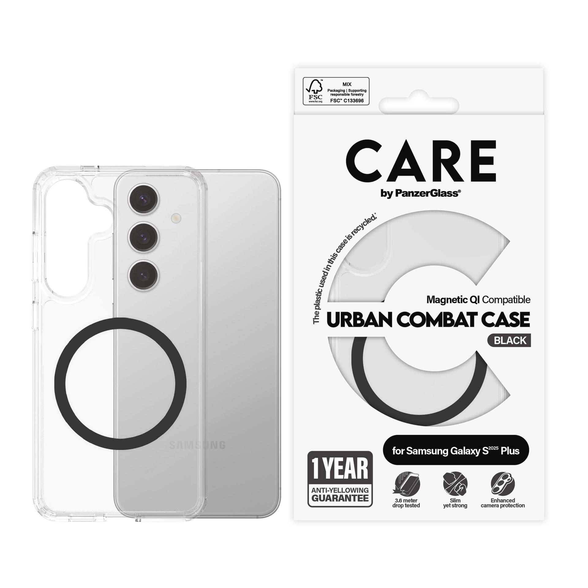 CARE BY PANZERGLASS Handyhülle "Magnetic QI Compatible Urban Combat Case für Samsung Galaxy S25 Plus", schwarz, B:11cm H:2,5cm T:20cm, Hüllen, Backcov