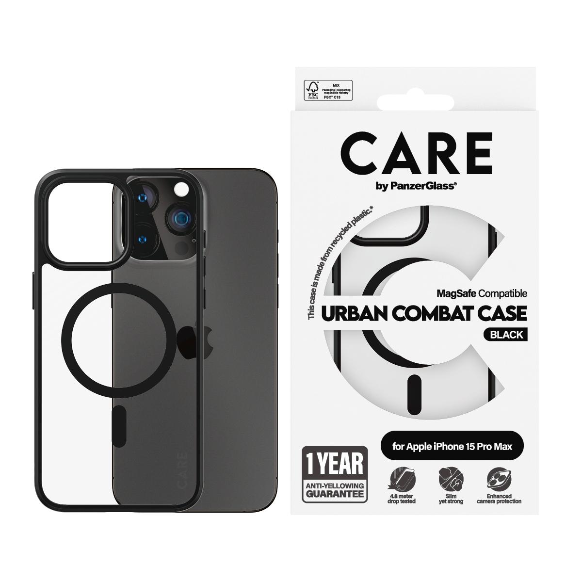 CARE BY PANZERGLASS Handyhülle "Urban Combat Case mit MagSafe für Apple iPhone 15 Pro Max", schwarz (schwarz, transparent), B:11cm H:2cm T:19,7cm, Hül