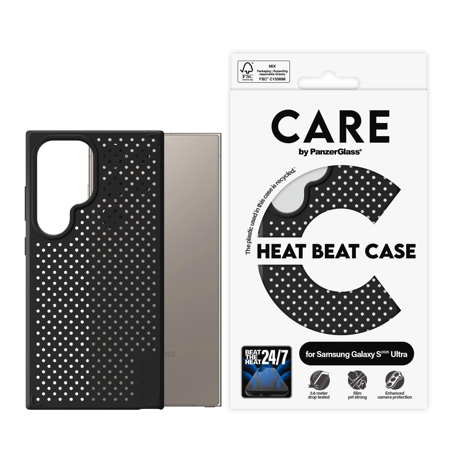 CARE BY PANZERGLASS Handyhülle "Heat Beat Case für Samsung Galaxy S25 Ultra", schwarz, B:11cm H:2,5cm T:20cm, Hüllen, Backcover, Schutzhülle, Handysch