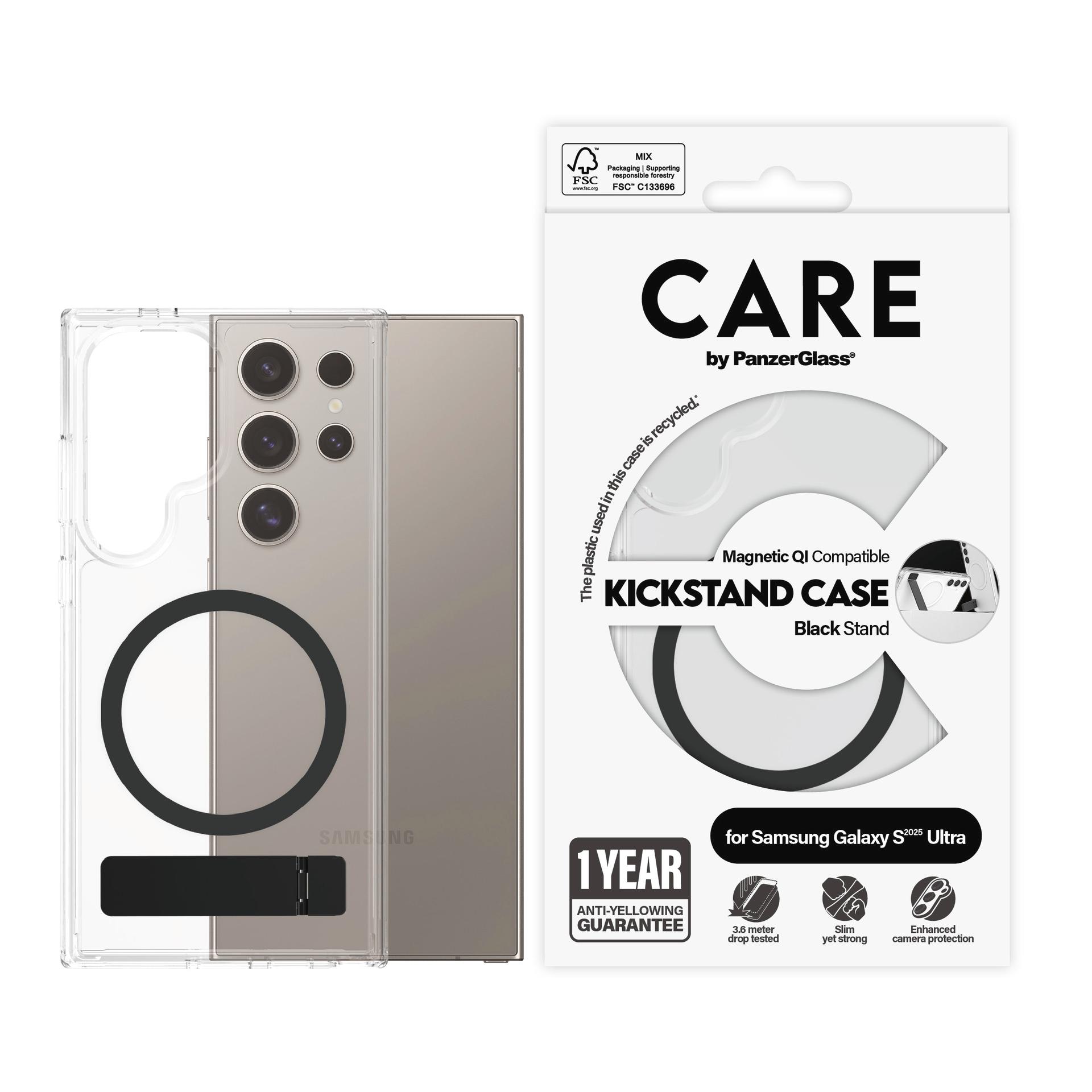 CARE BY PANZERGLASS Handyhülle "Magnetic QI Compatible Kickstand Case für Samsung Galaxy S25 Ultra", schwarz, B:11cm H:2,5cm T:20cm, Hüllen, Backcover