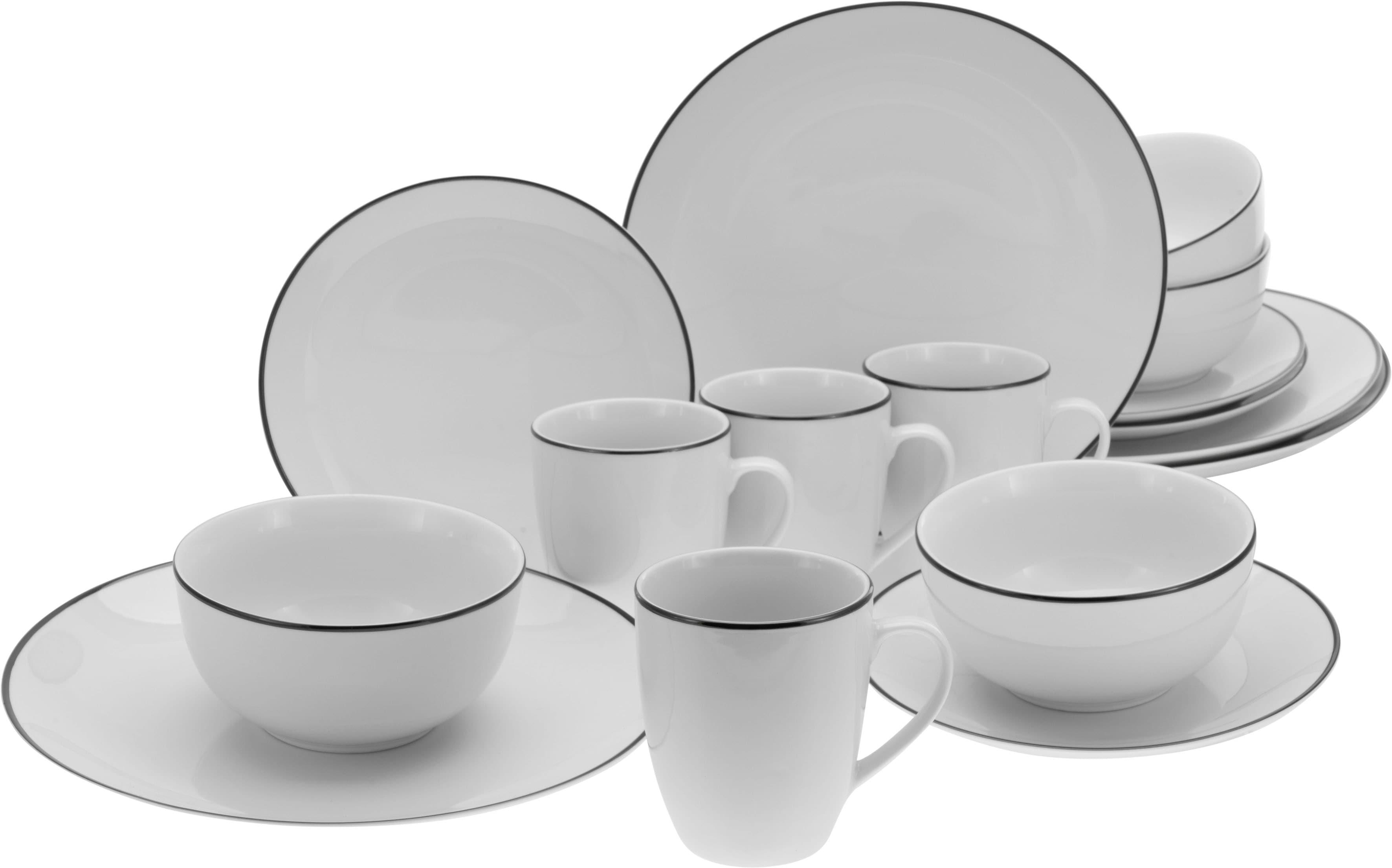 Kombiservice CREATABLE "Luna Black Line", weiß, 16 Stk., Porzellan, Geschirr-Sets, Kombiservice, handgemaltes Liniendekor