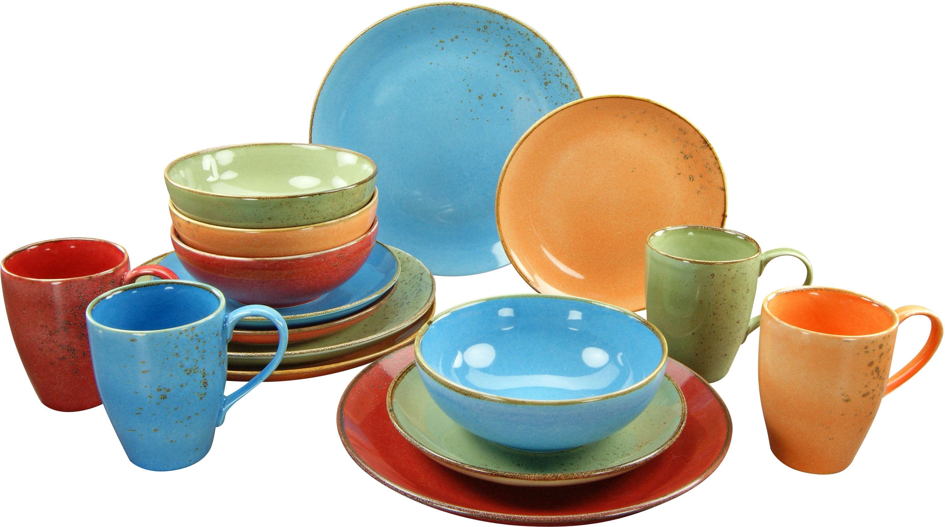 Kombiservice CREATABLE "Geschirr-Set NATURE COLLECTION Summer", bunt (orange, blau, grün, rot), 16 Stk., Steinzeug, Geschirr-Sets, Kombiservice, Servi