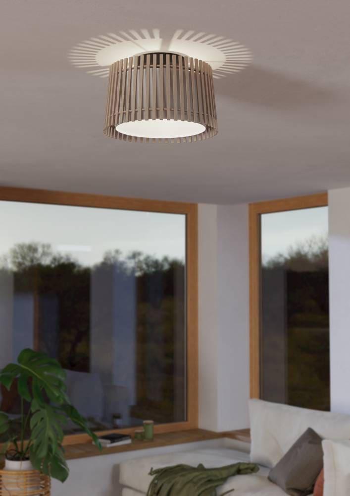 EGLO Deckenleuchte "FATTORIA", schwarz (schwarz braun, weiß), 1, Ø 38cm H: 24cm, 1 Stk., Leuchten, Deckenleuchte, Holz, Textil in weiß, Lampe Decke, E