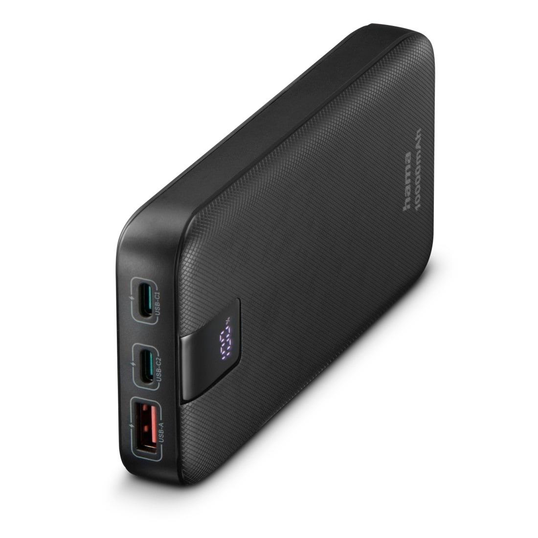 HAMA Powerbank "Power Pack 10000 mAh (Schnellladen, 2x USB-C 1x USB-A, mit Ladekabel)", grau, 10.000mAh, Akkumulatoren, Schnellladefunktion mit Power 