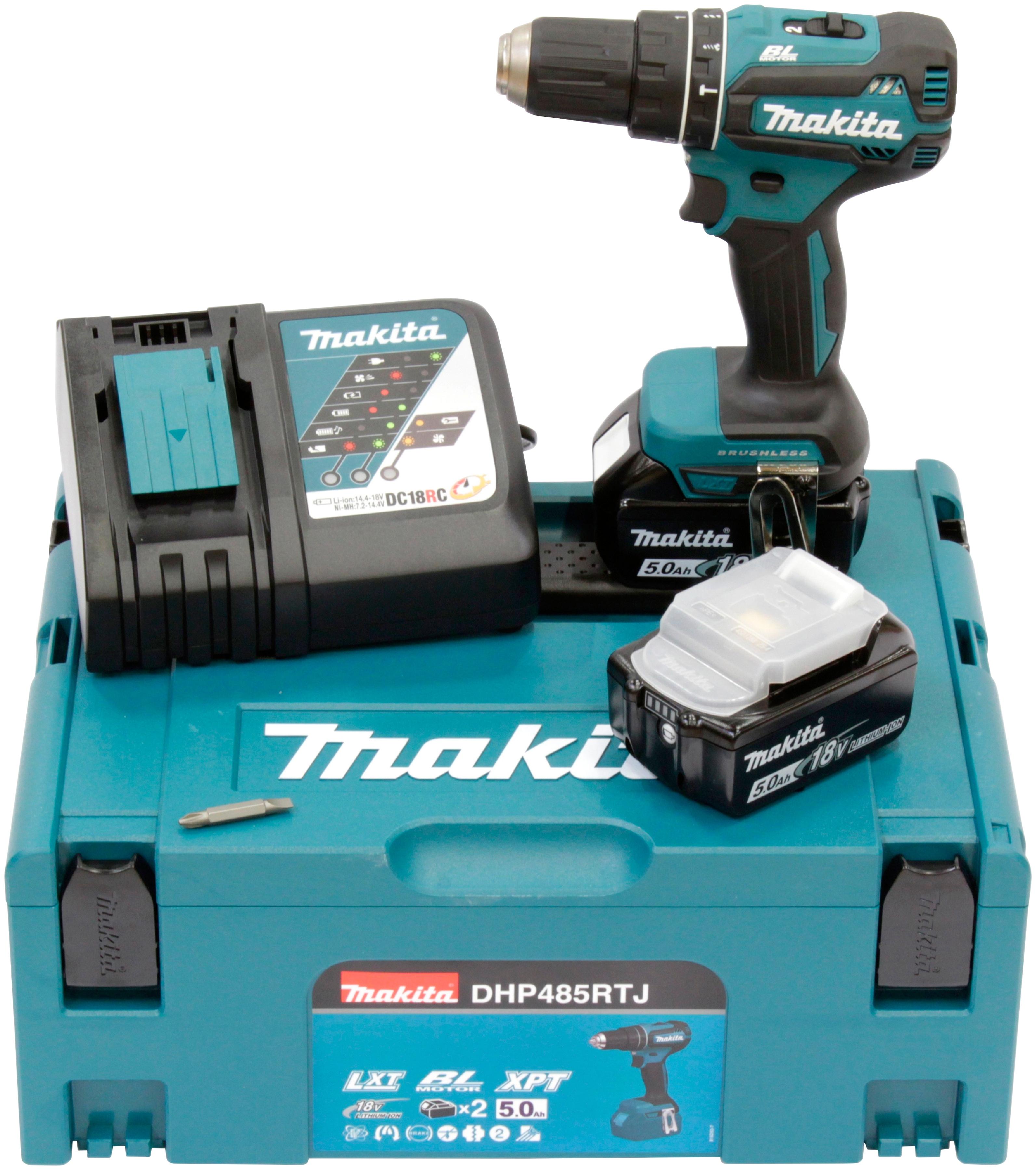 Akku-Schlagbohrschrauber MAKITA "DHP485RTJ", blau (türkis, schwarz), B:790mm H:255mm L:182mm, Bohrmaschinen, Akku-Schlagbohrschrauber, mit 2 Akkus 18 