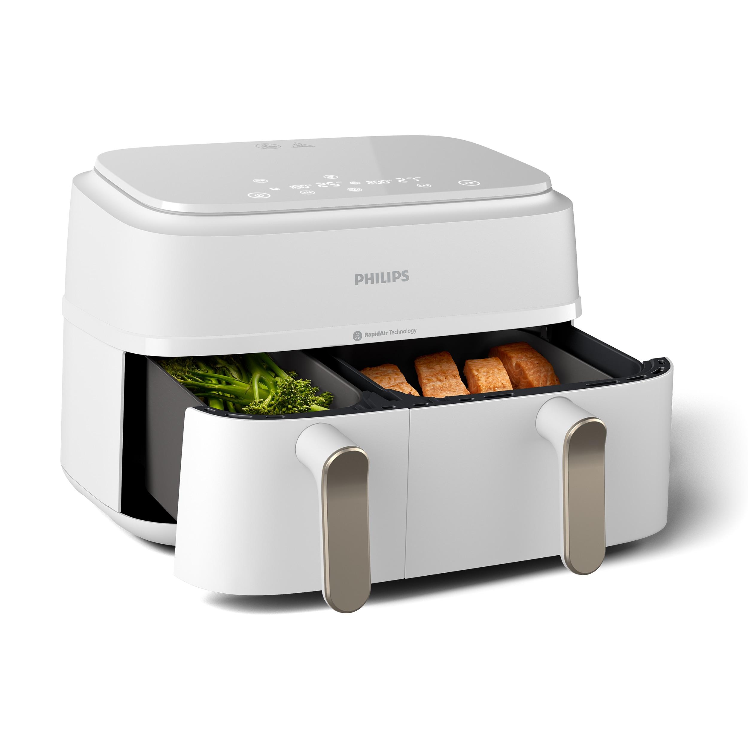 PHILIPS Heißluftfritteuse "Airfryer 3000 Dual Basket NA352/00, zwei Körbe mit 9L (3L+6L)", weiß (weiß, champagne), B:44,4cm H:31,5cm T:38,3cm, Fritteu