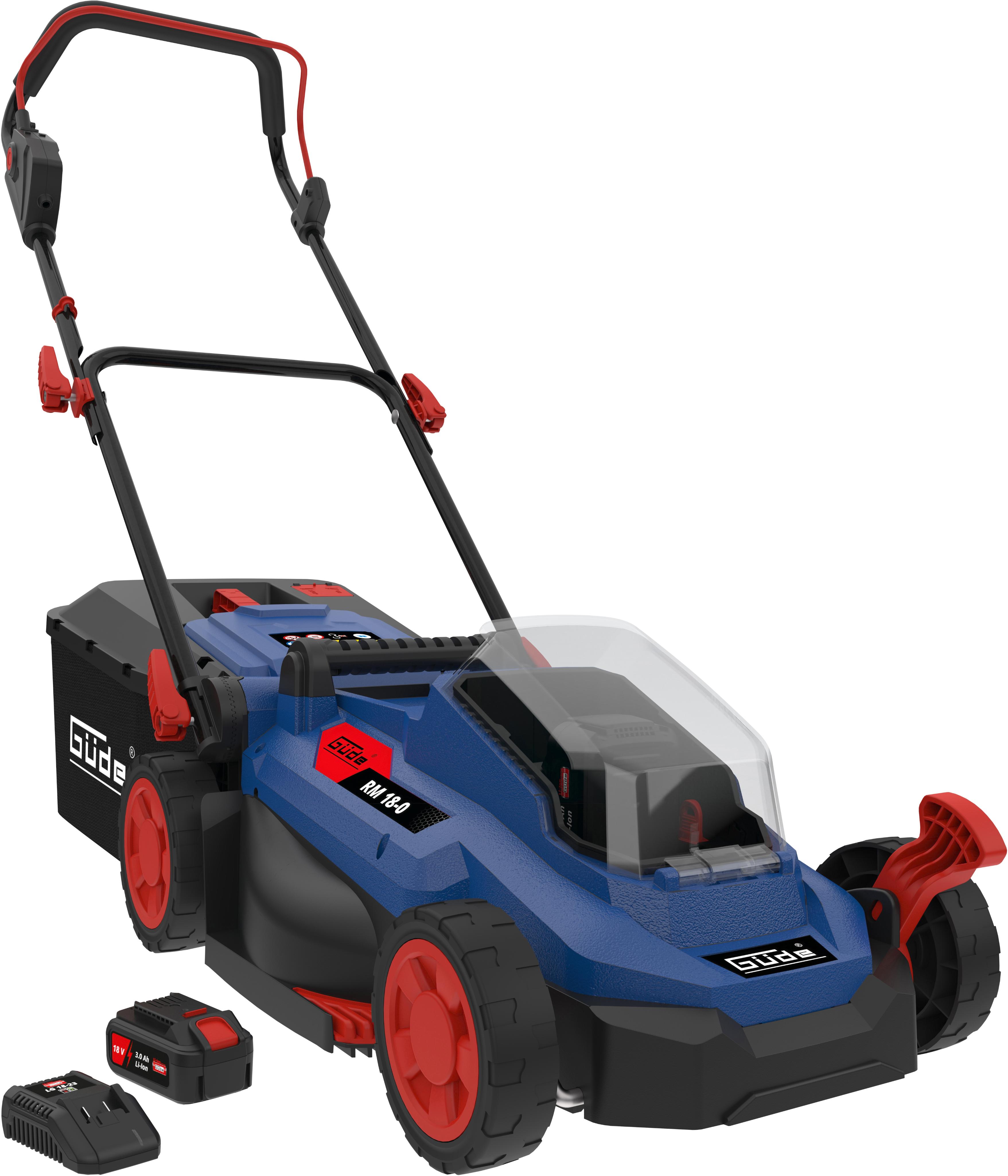 Akkurasenmäher GÜDE “RM 18-401-23”, blau, B:117,5cm H:100cm T:39,5cm, Rasenmäher, 3 Funktionen: Mähen, Sammeln und Mulchen