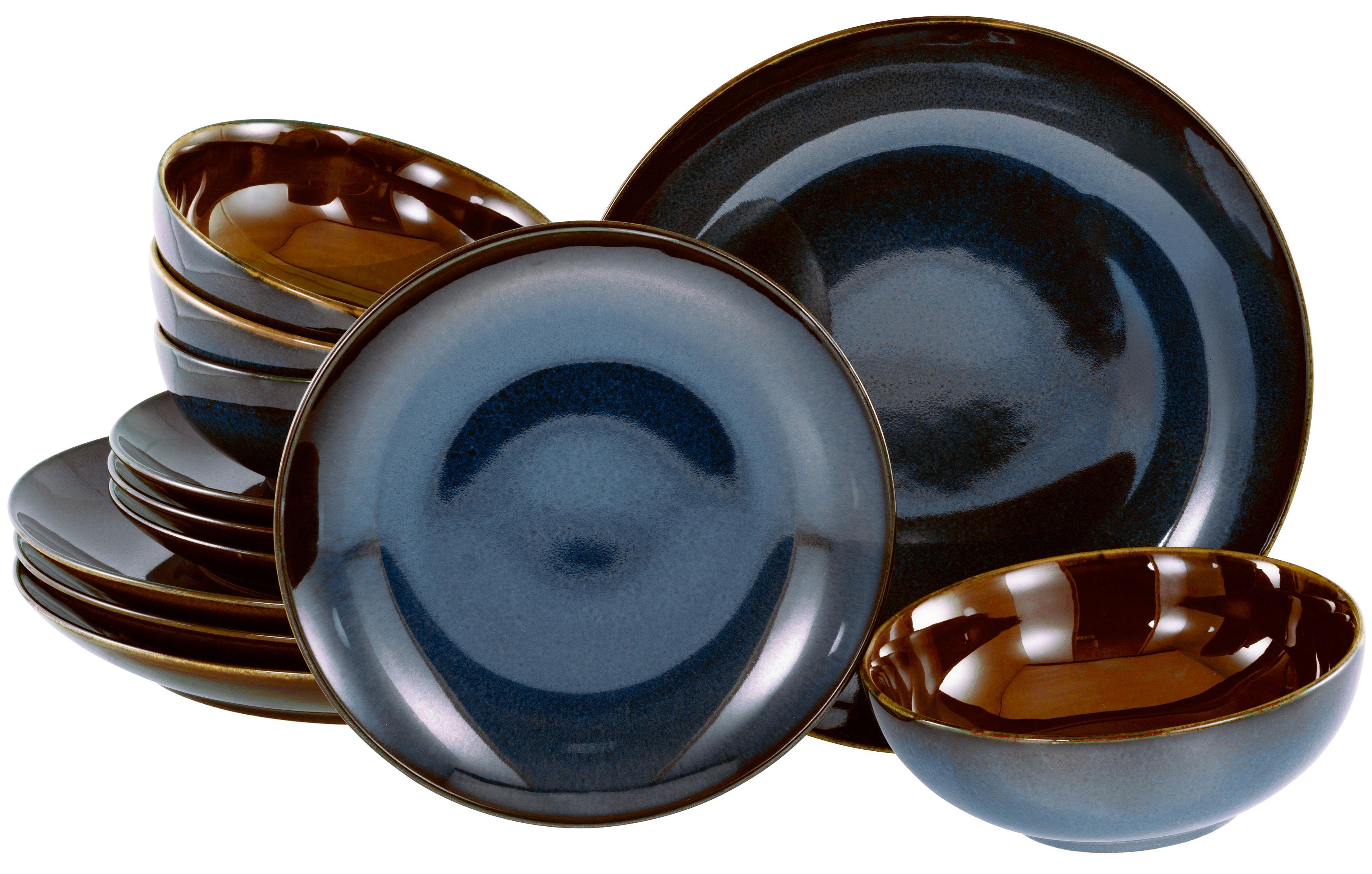 Teller-Set CREATABLE "Mallorca, Teller Set 12-tlg", blau, 12 Stk., Steinzeug, Geschirr-Sets, Teller-Set, Spezialglasur mit Vintage Außenrand