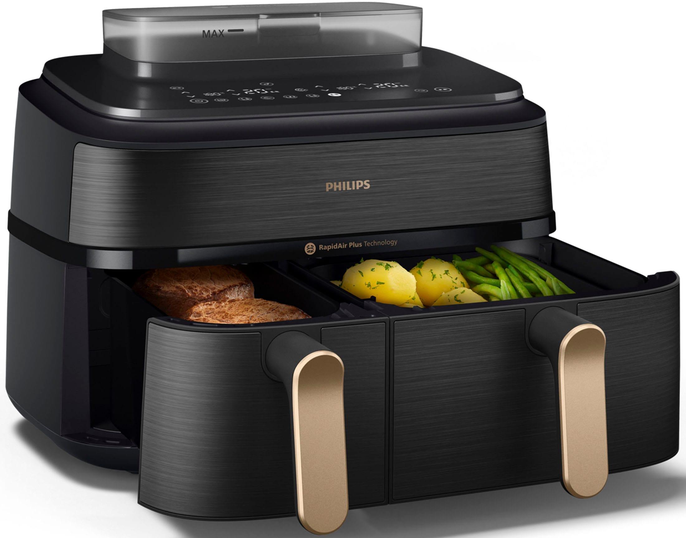 PHILIPS Heißluftfritteuse "NA555/00 Steam Airfryer 5000 Series Dual Basket, 9L Kapazität (3L+6L)", grau (edelstahl, kupfer), B:44,39cm H:38,25cm T:35,